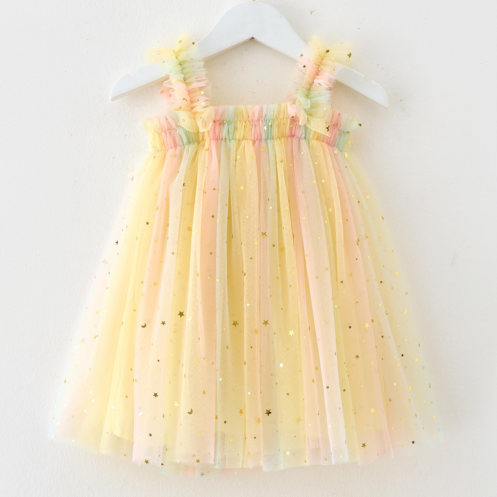 YETANLID Toddler Girls Tulle Tutu Dress Baby Girls Sequin Rainbow Summer Dress Sleeveless Birthday Party Babydoll Dresses Sequin Star-Yellow Size 3-4T