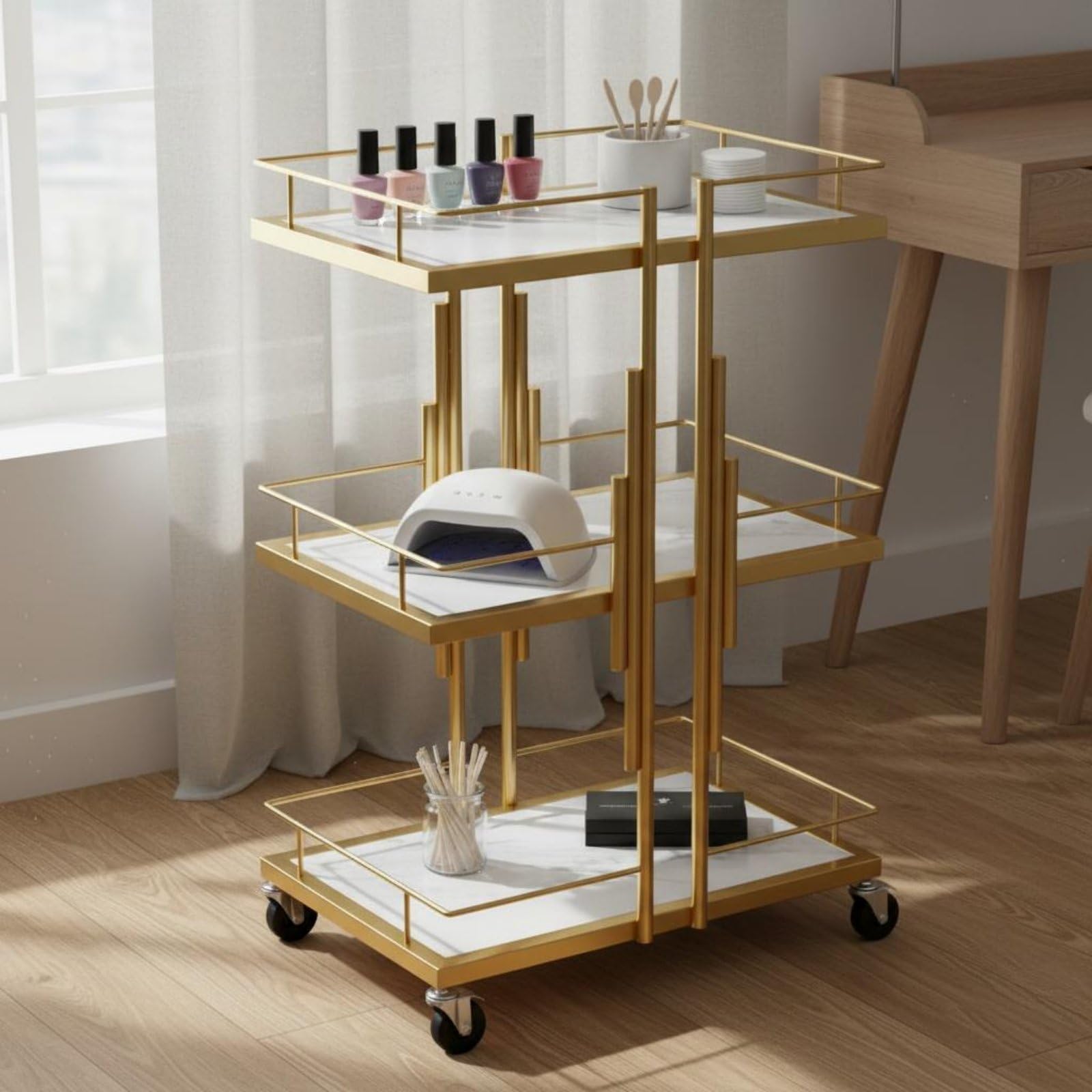 Carro de Salón con Niveles Mueble Organizador Metálico Estantes Imitación Mármol Ruedas Giratorias Suaves Adecuado para Centro de Estética Barbería Dormitorio, Plata