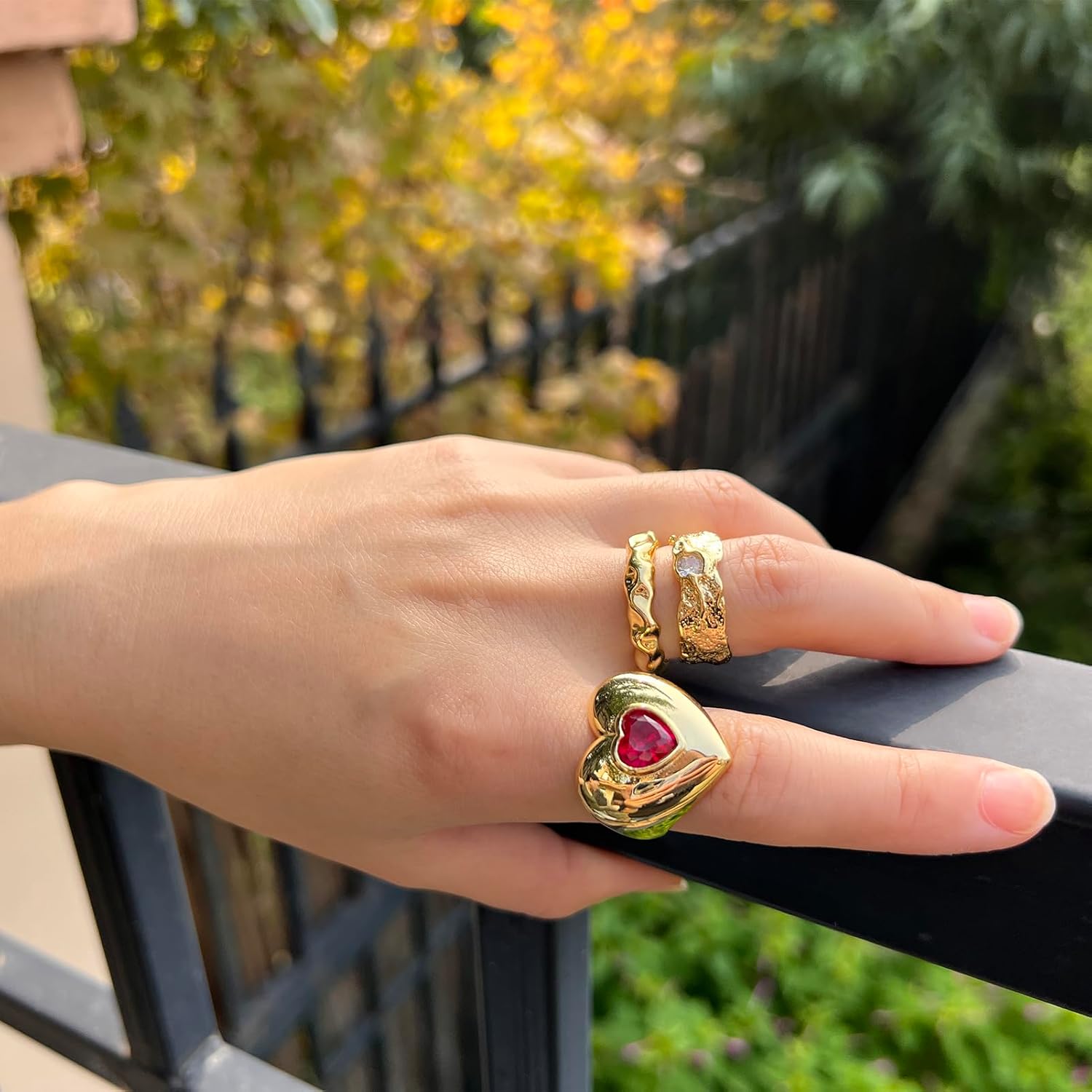 Chunky Gold Rings for Women 14K Gold Plated Heart Statement Ring Non-Tarnish Open Gold Hammered Ring with Cubic Zirconia Stackable Love Gemstone Wave Jewelry Gift - Image 5