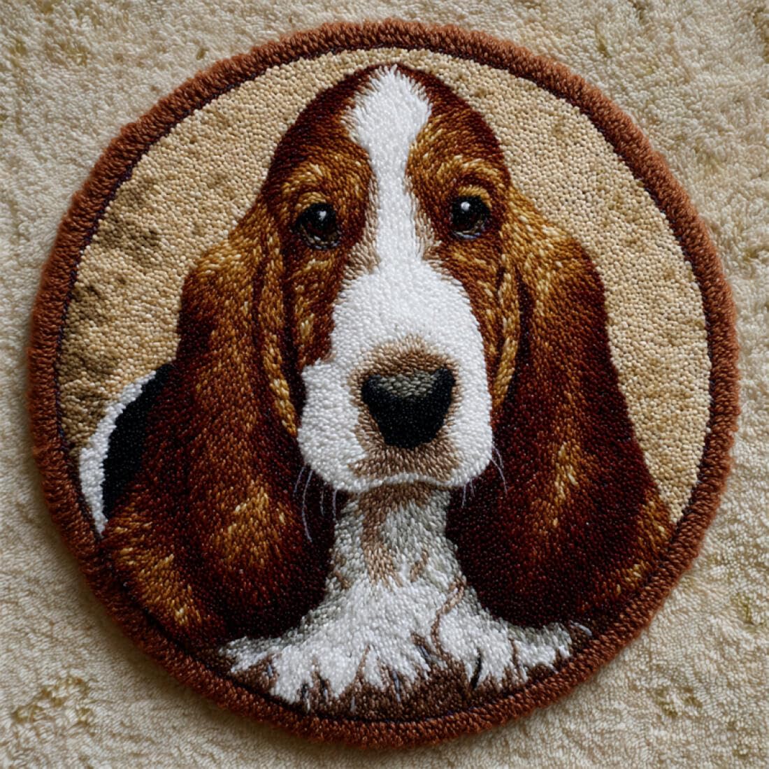 Rqwybcaxn DIY Rug Latch Hook Kits for Teens Animal Needlework Kit Cartoon Basset Hound 80x80cm Round Washable Area Rug Study Wall Hanging