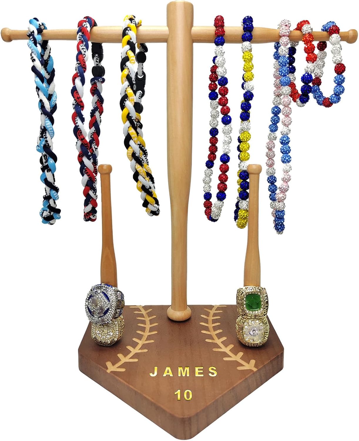 Baseball Drip Necklace Organizer and Ring Holder Softball Championship Ring Display Stand Baseball Bat Jewelry Organizer with DIY Name Stickers Baseball Lifestyle Gift for Fans