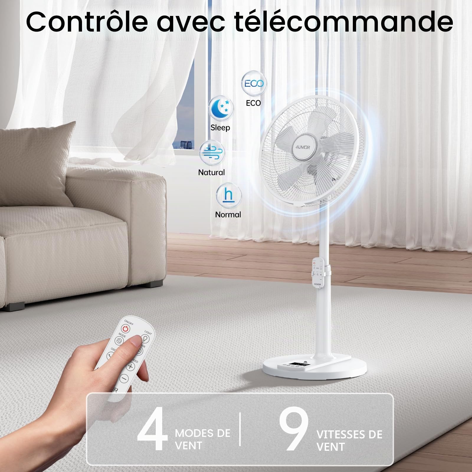 4UMOR Ventilateur sur Pied Ultra Silencieux 20dB avec Télécommande 2772m³/h DC Moteur Brushless 24W 4 Modes 9h Minuterie 9 Vitesses Oscillation Hauteur Ajustable pour Maison Chambre Bureau