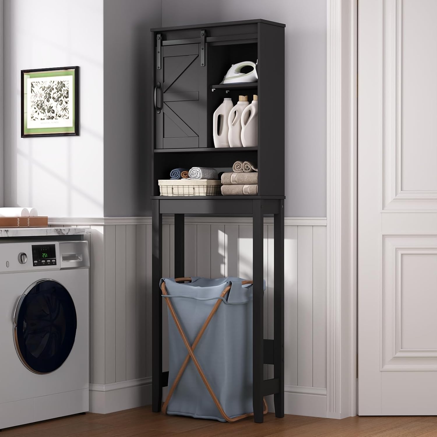 Over The Toilet Storage Cabinet, Bathroom Organizer with Adjustable Shelves and Anti-Tip Device, Space-Saving Storage Solution, Black