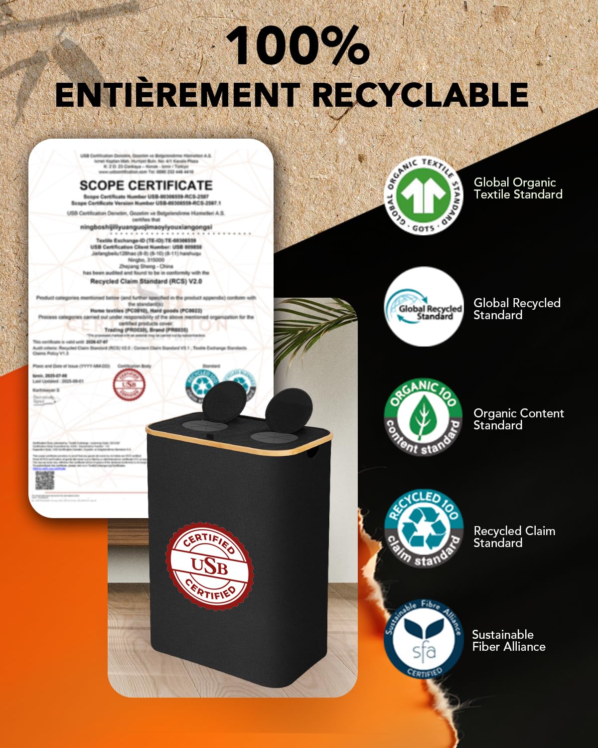 SOUTHGATE 170L Collecteur de Bouteilles Avec Couvercle, 2 Compartiments Poubelle Recyclage, 2 Réutilisables Sac Recyclage, Poubelle Tri Selectif Pour Plastique, Bouteilles Verre, Noir