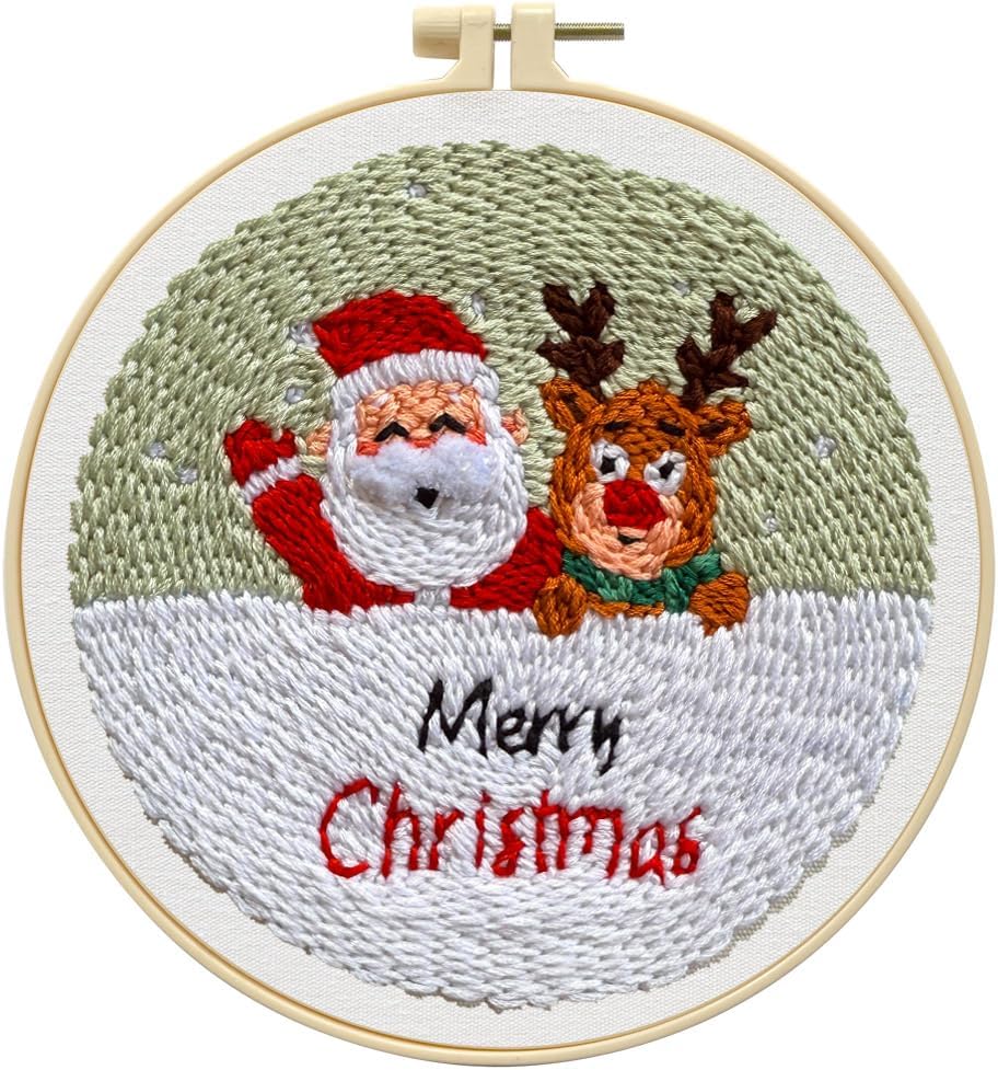 Zhenqing Christmas Punch Needle Kit - Santa & Reindeer Design with Pre-Printed 24x24cm Fabric, Hoop & Wool Thread for Beginners（D0041）