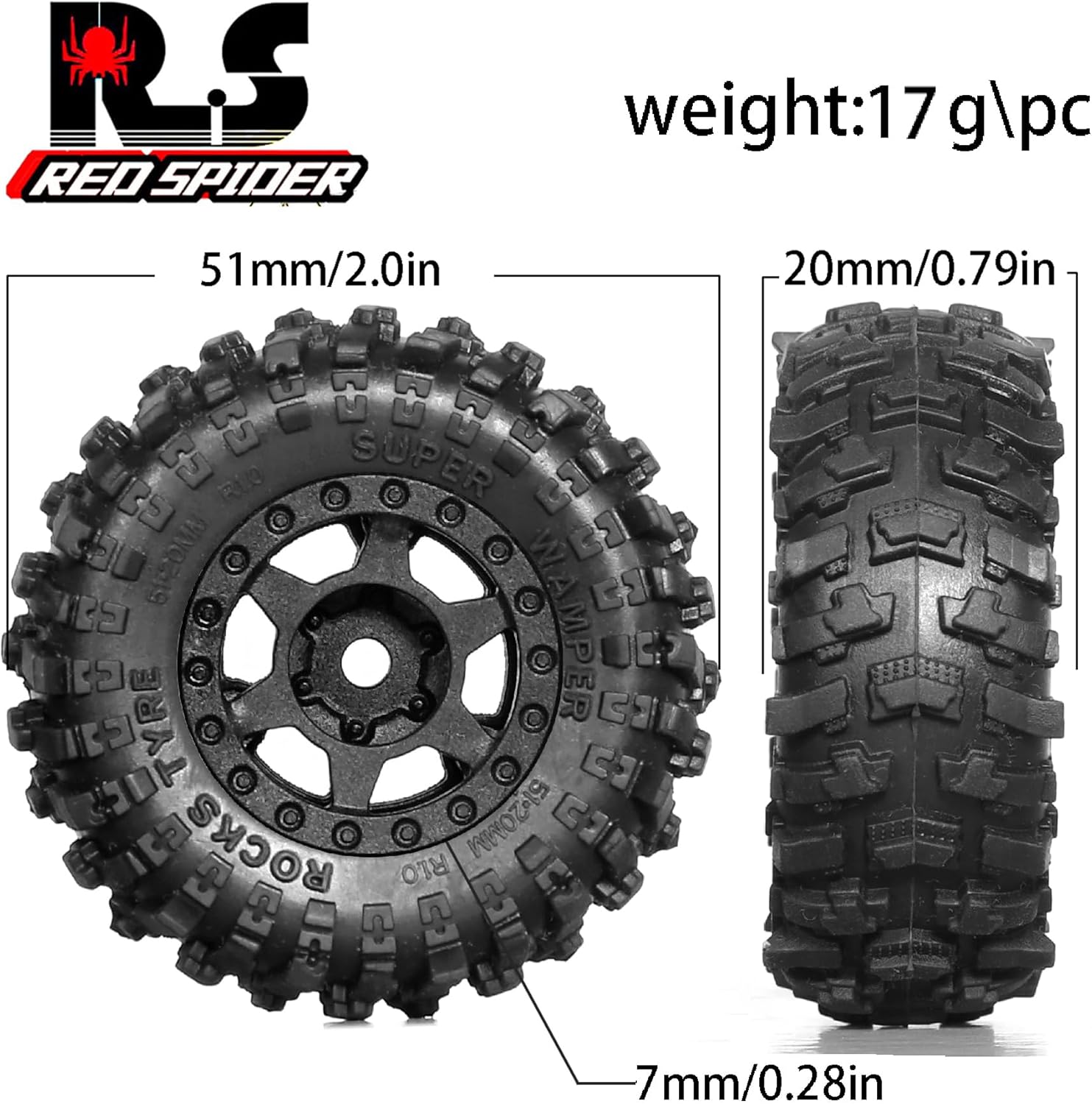 REDSPIDER 1.0 Beadlock Wheels and Tires Set（4pcs） 1.0 Crawler Tires 51 * 20mm Plastics 1.0 Wheel Lightweight Design 1/18 1/24 RC Crawler Tires for SCX24 TRX4M FMS FCX24 FCX18 AX24 (at Tires)