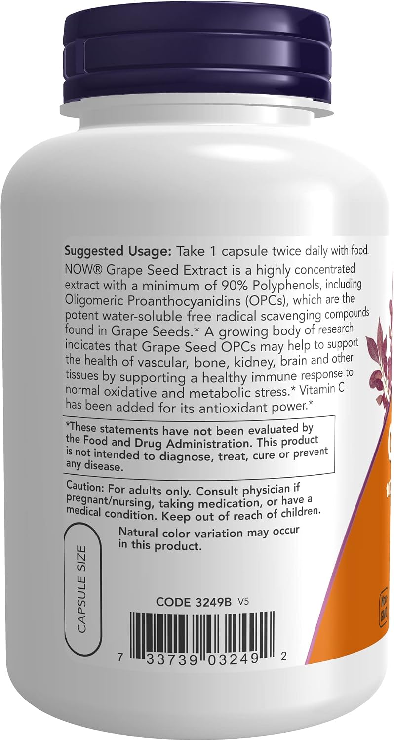 NOW Supplements, Grape Seed 100 mg - Standardized Extract, Highly Concentrated Extract with a Minimum of 90% Polyphenols, with Vitamin C, 200 Veg Capsules