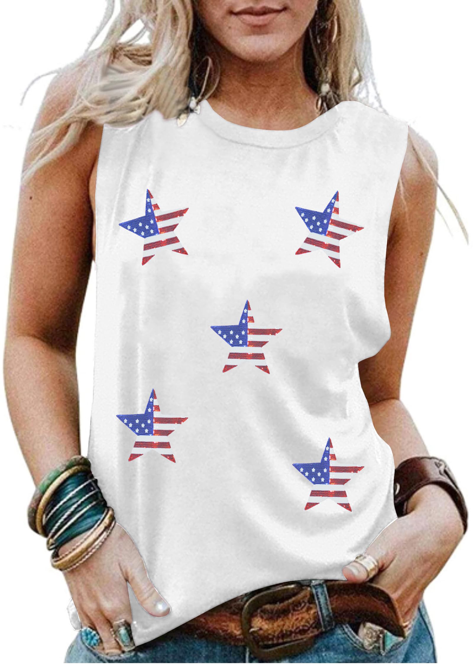 PECHAR 4th of July Tank Top for Women Patriotic Sleeveless Shirts American Flag T-Shirt Tees