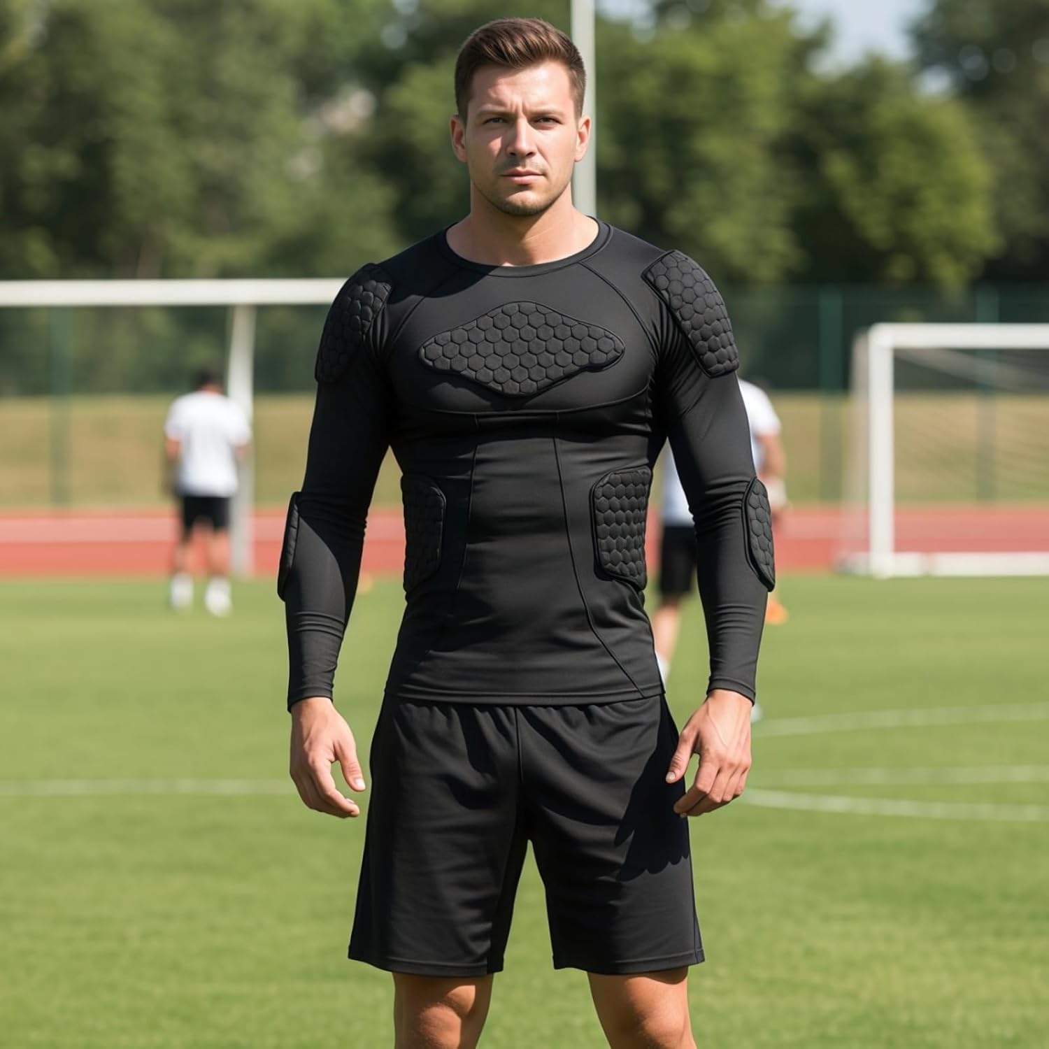 Padded Football Training Shirt, Men's Long Sleeve Honeycomb Protective Base Layer, Impact Resistant Training Gear Black - Image 2