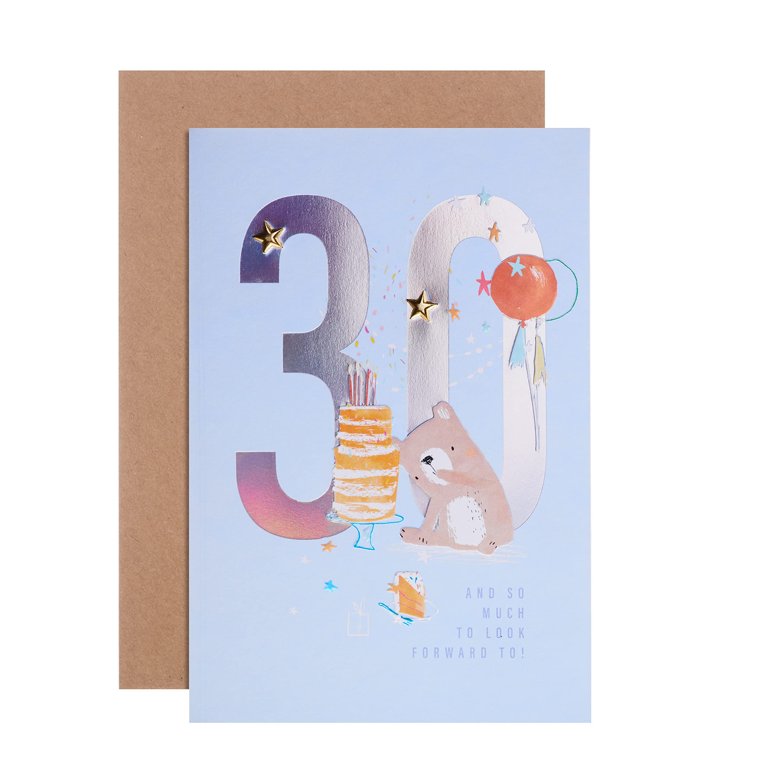 Hallmark 30th Birthday Card - Contemporary Embossed Illustrated Bear Design