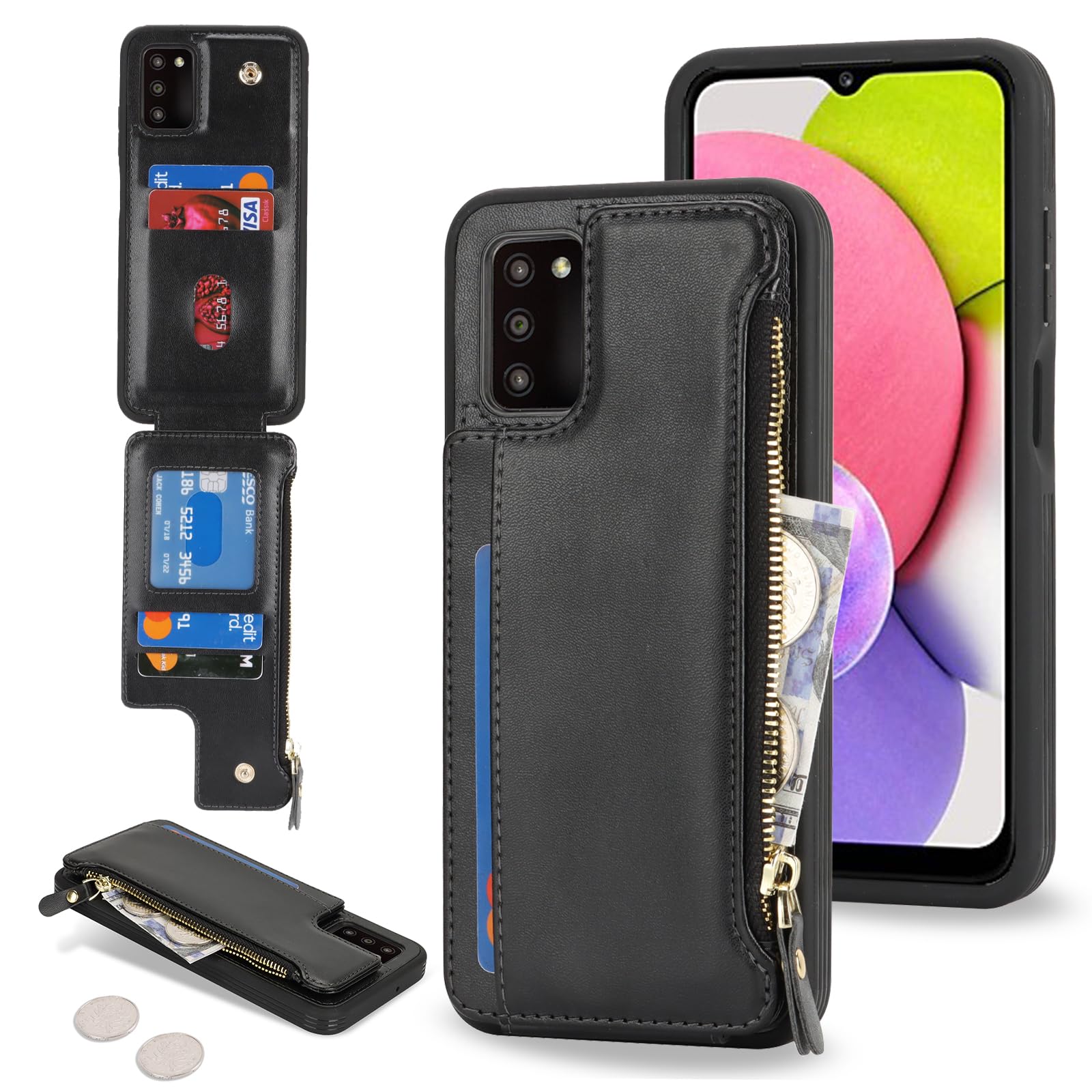 Cavor for Samsung Galaxy A03S Phone Case Wallet,Galaxy A03S Wallet Case with Card Holder for Women Men,Leather Zipper Pocket Card Slots Cover-Black