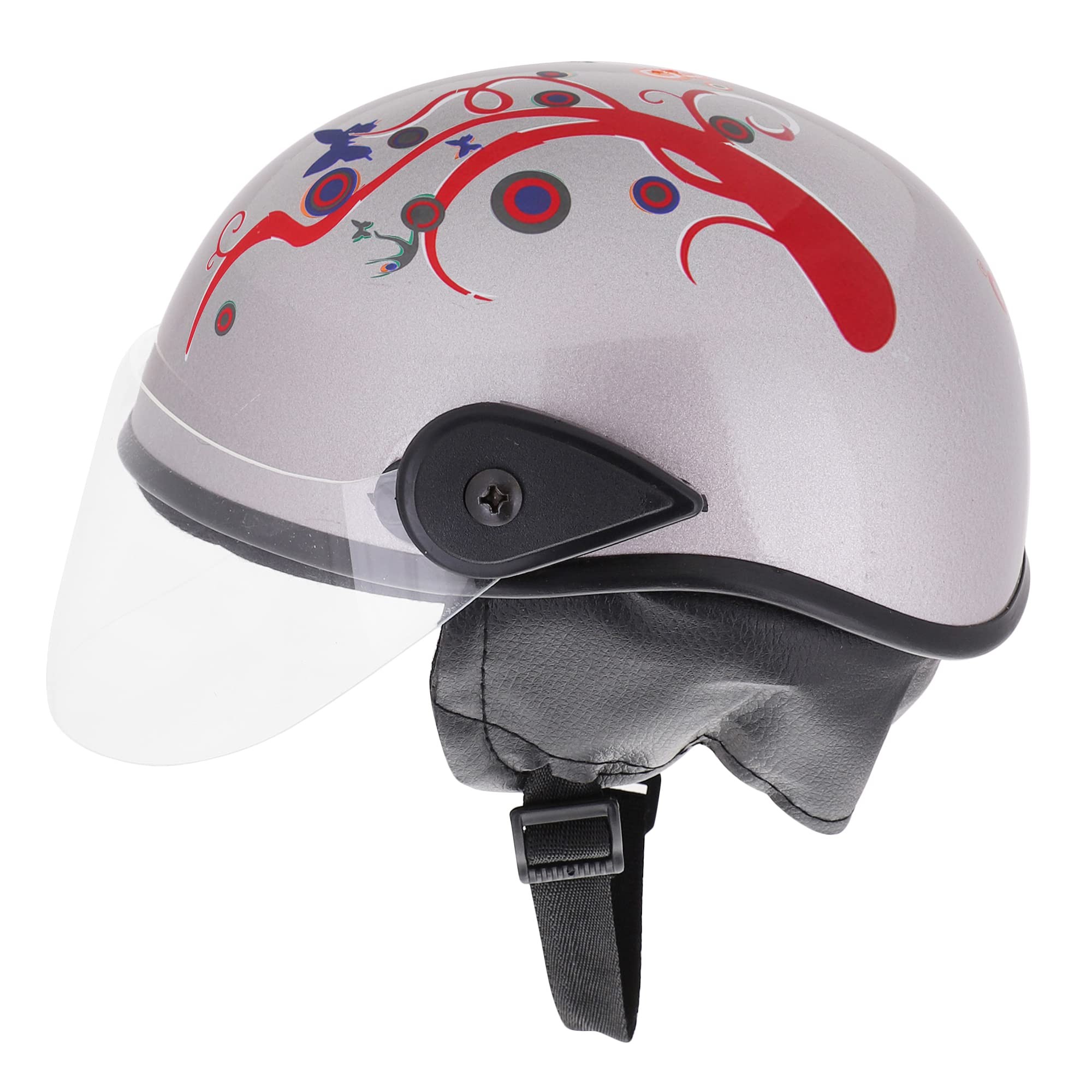 Western Era Half Helmet with Clear Visor for Men & Women ||Safety & Comfort|| Stylish Enhanced Design || (Silver Glossy) (Red Decal) (Large)