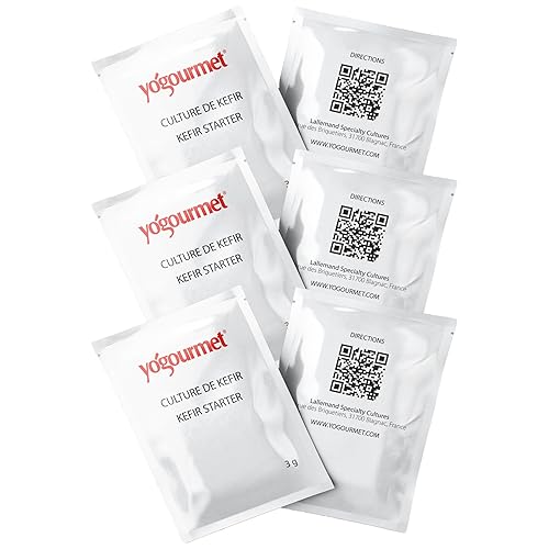 Yogourmet Kéfir Starter (6 sobres 6 cuartos de galón de kéfir) - Hacer kéfir en casa - Cultivo básico - Todo natural, sin gluten, kosher, Halal -