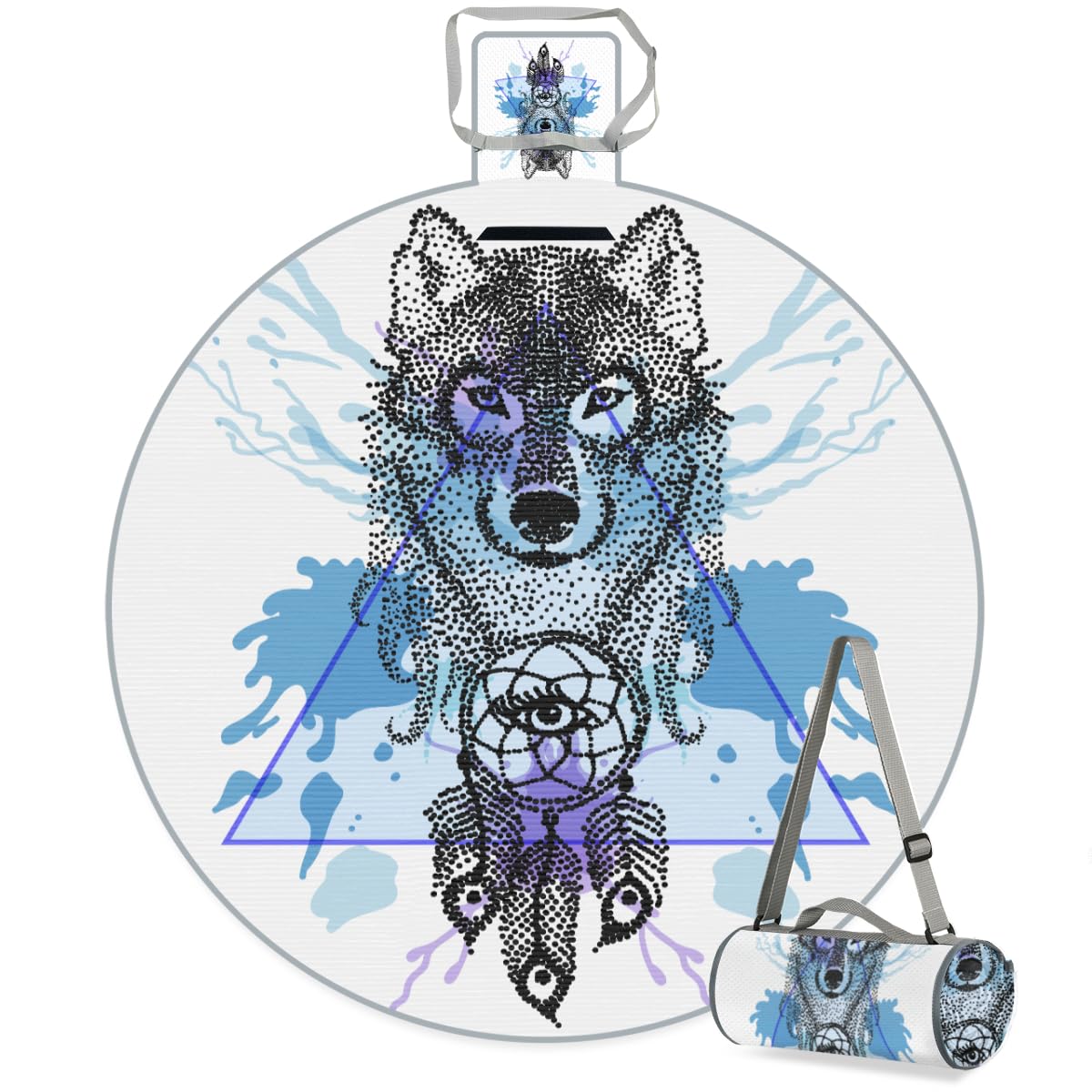 Shimoshe Wolf Dreamcatcher Picnic Outdoor Blanket Foldable Waterproof Sandproof Beach Blanket Portable Water-Resistant Round Picnic Mat for Travel Camping Park Lawn