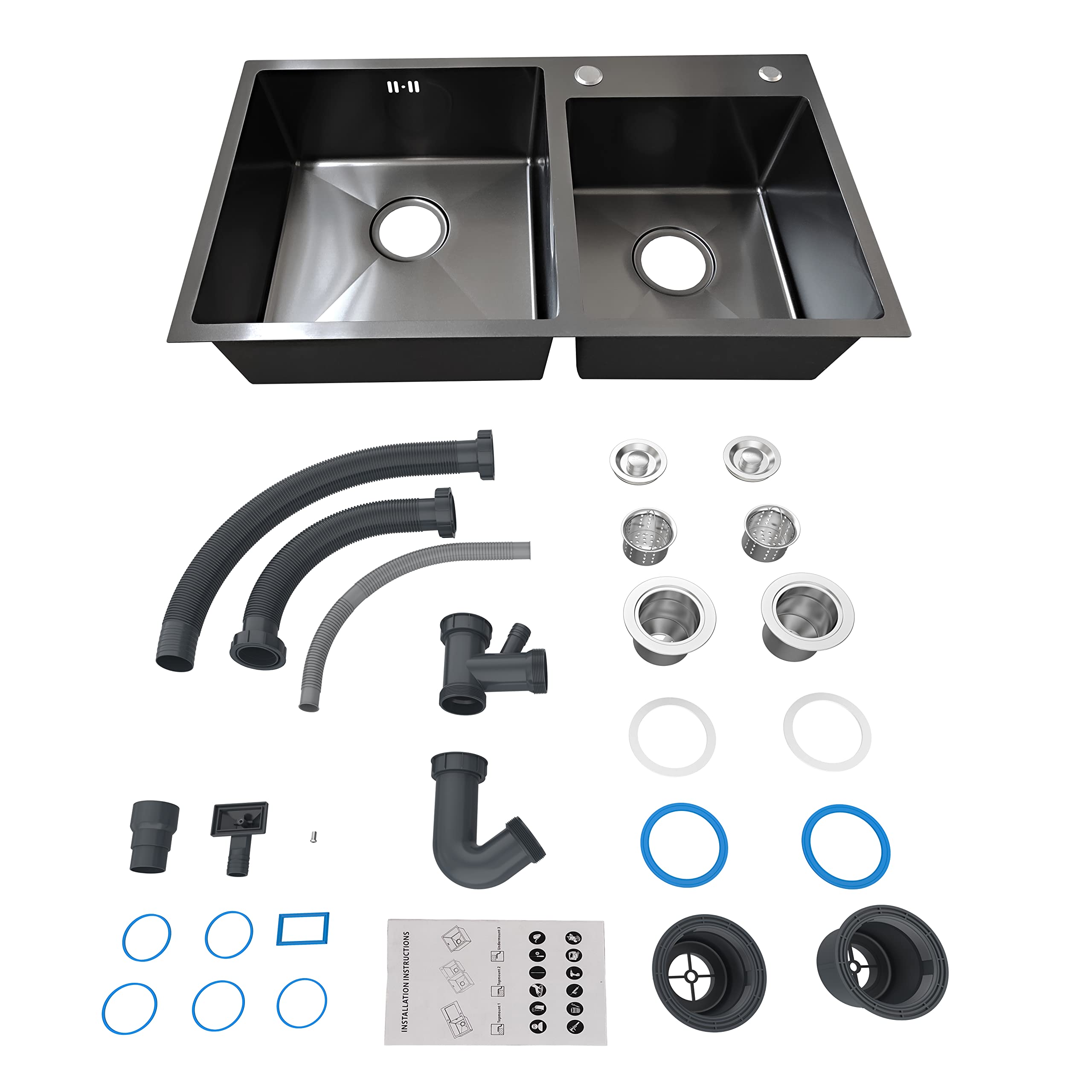 Évier cuisine noir 78x43x20cm 2 bacs en Inox avec 2 crépines