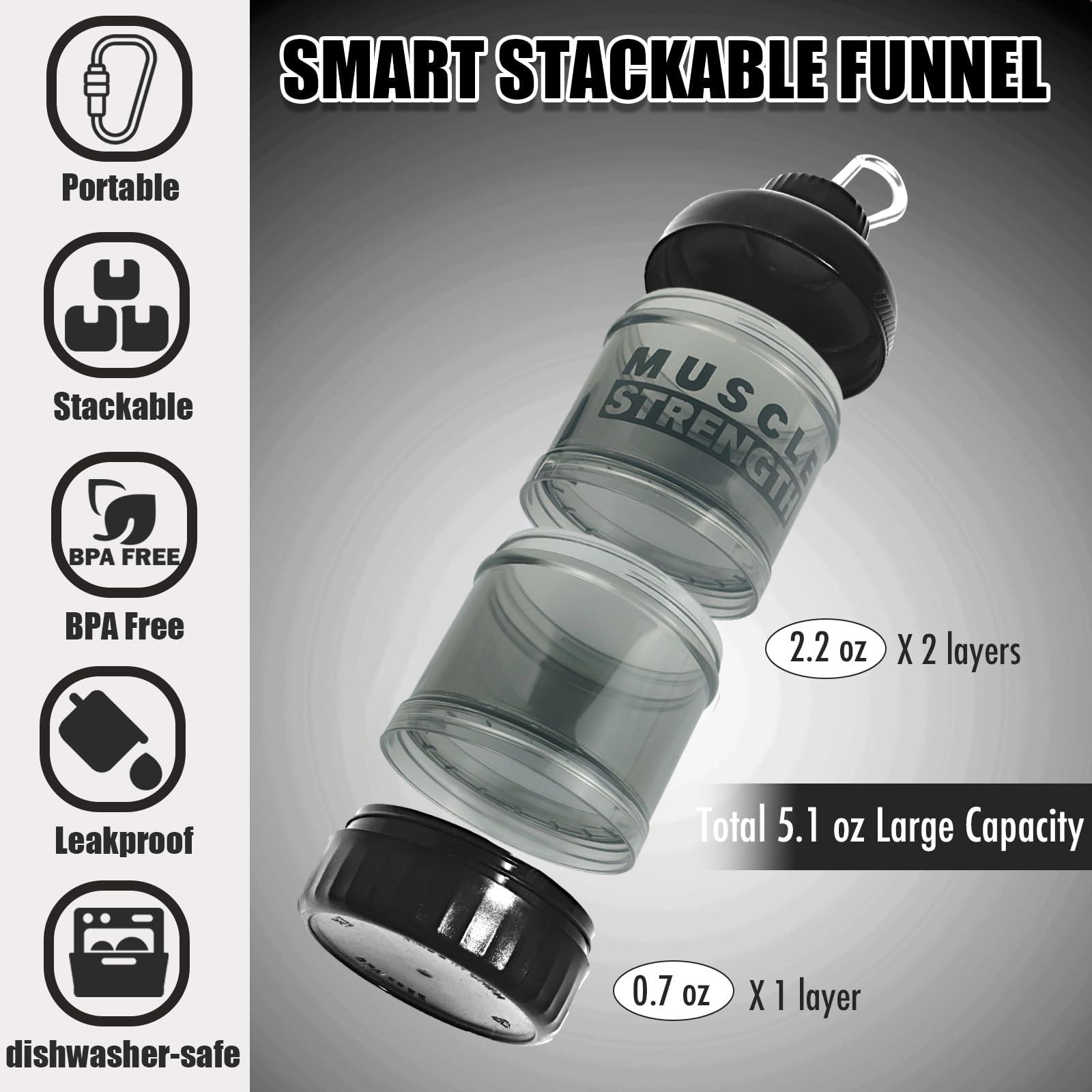 Protein Powder Travel Container with Funnel & Carabiner, 3L Stackable Portable Protein Powder Container to Go, Protein Powder Funnel Set, Travel Protein Powder Containers for Fitness, Travel (BLACK2)