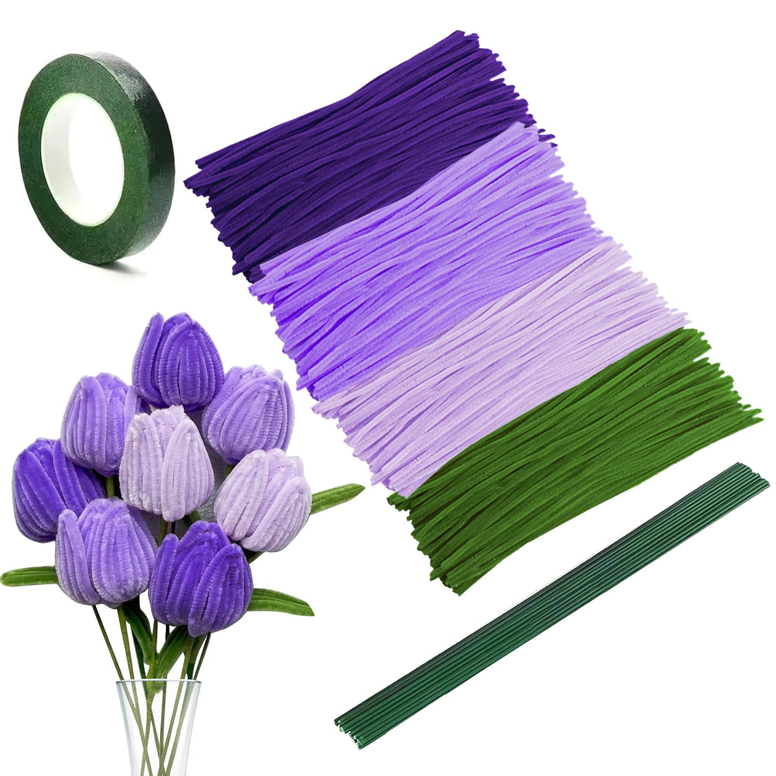 NICKLIN Purple Pipe Cleaners Craft,Chenille Pipe Cleaners Craft Tulip Set DIY Pipe Cleaner Flowers Kit with 240 Pcs Colourful in 4 Colours 15 Florist Wire,1 Florist Tape for Decoration