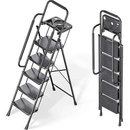 KINGRACK Folding 5 Step Ladder, Portable Ladder for Multi-Purpose, Home, Kitchen, Heavy Sturdy Steel Step Stool with Anti-Slip Wide Pedals, Handrail, Safe-Lock Design, Pass 500lbs Load Testing, Black