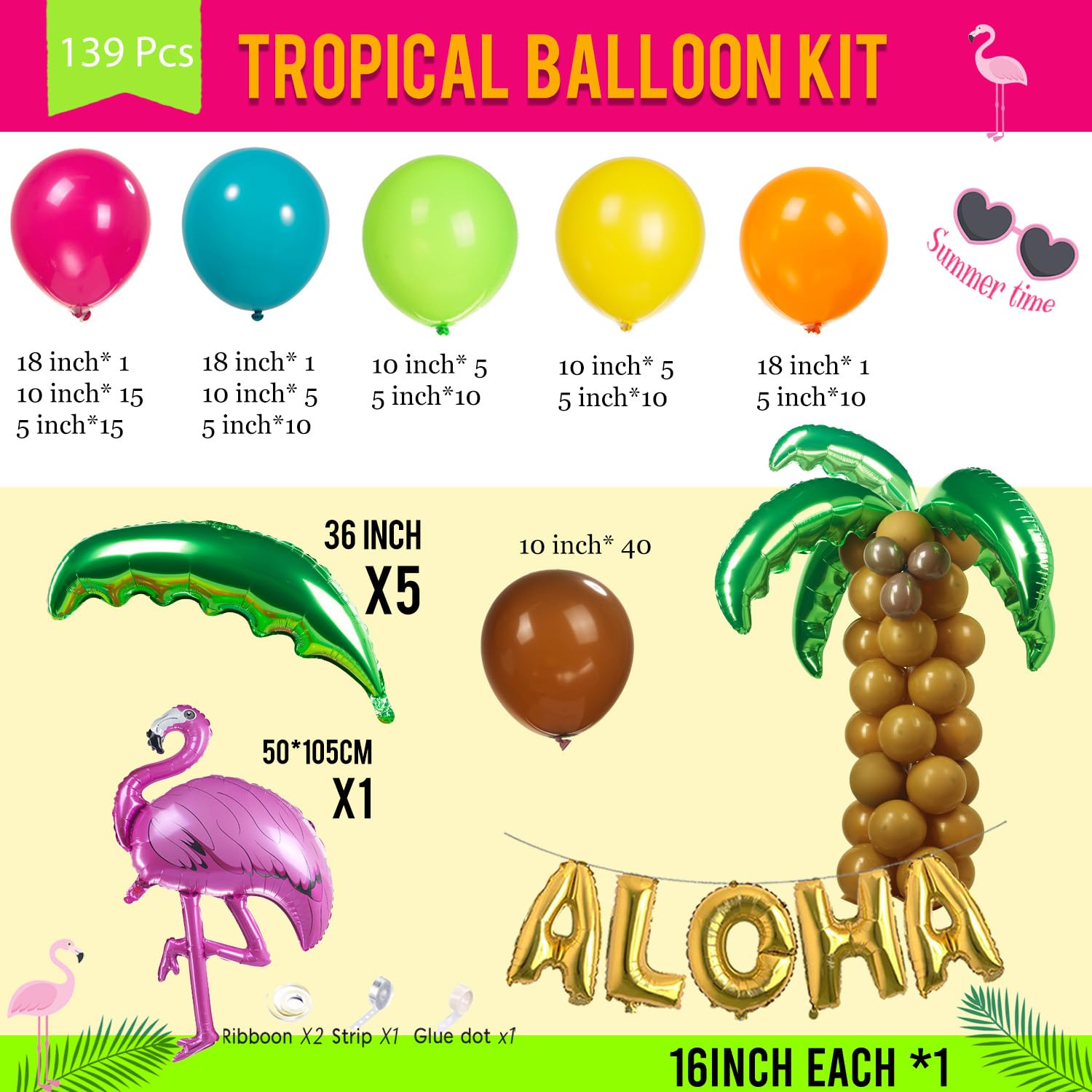 142Pcs Tropical Flamingo Balloon Garland Kit - Hawaii Luau Party Decorations With Palm Leaves