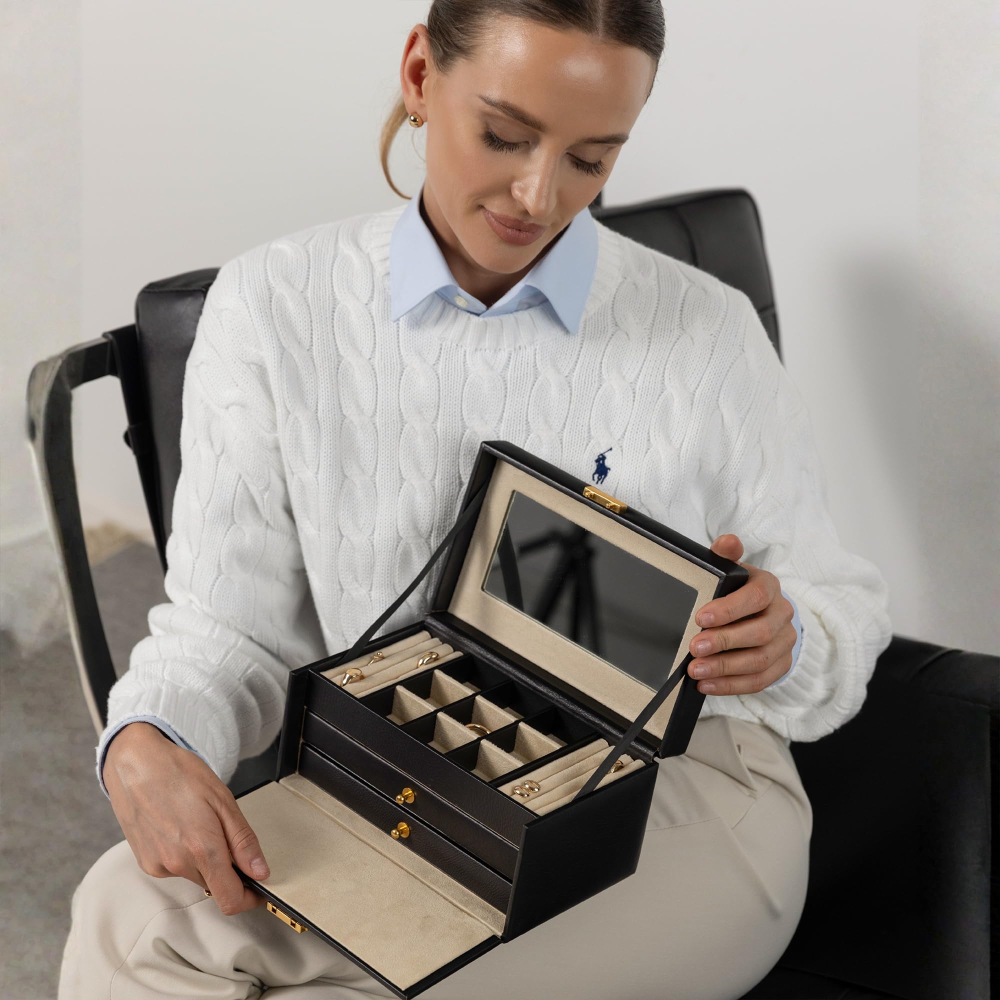 Time Resistance Leder Schmuckkästchen - Schwarz Schmuckaufbewahrung - Schmuck Verstauen - Schmuckkasten mit Spiegel - Schmuck Organizer mit Vielen Fächern - Jewelry Box