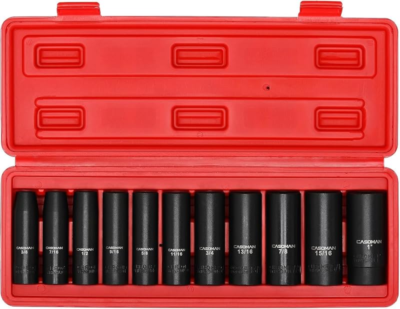 Jogo de Soquetes de Impacto Profundos CASOMAN SAE com Encaixe de 12,7 mm, 6 Pontos, Aço Cromo-Vanádio, 11 Peças