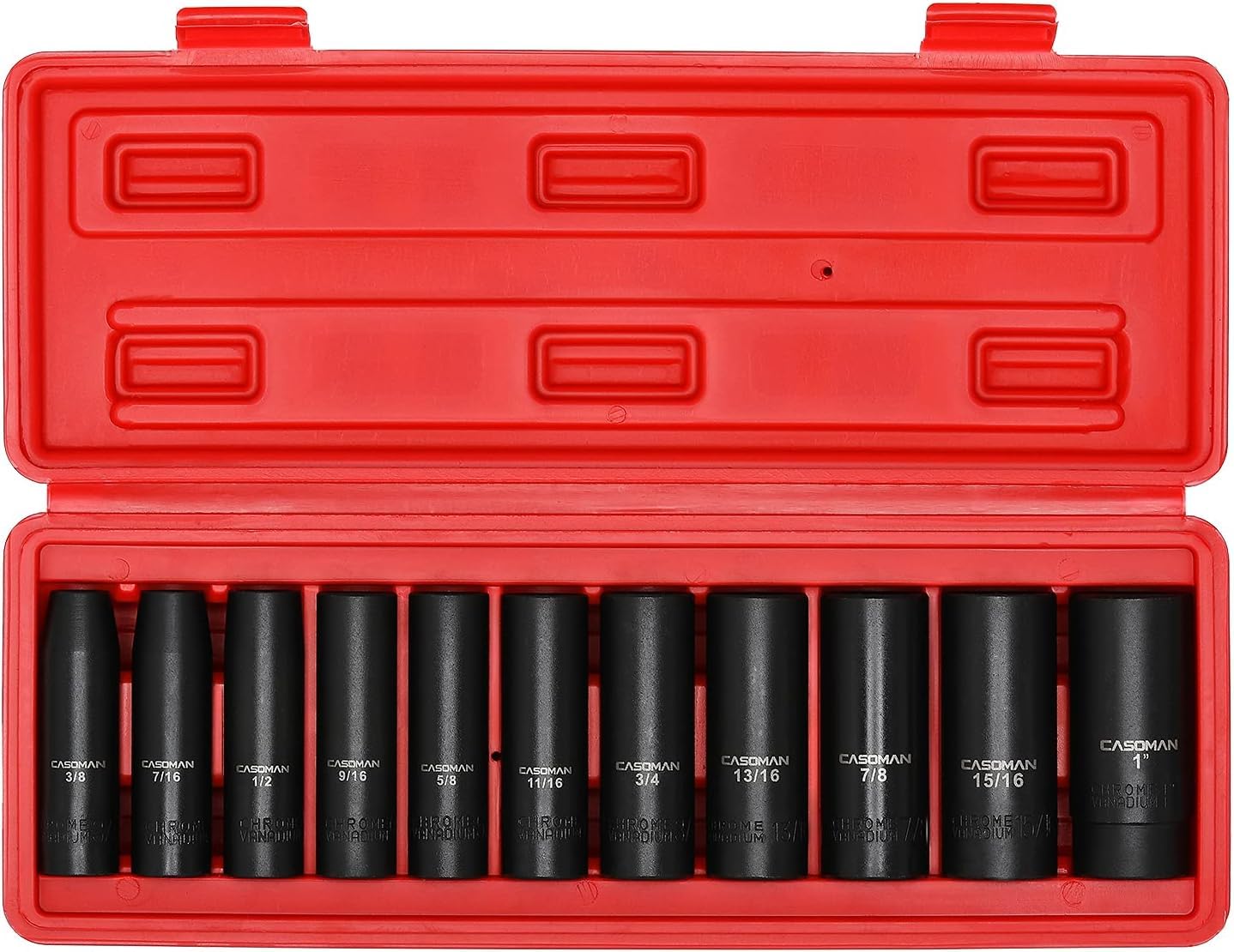 CASOMAN 11 Pieces 1/2-Inch Drive Deep Impact Socket Set, SAE, 6-Point, 3/8-Inch to 1-Inch