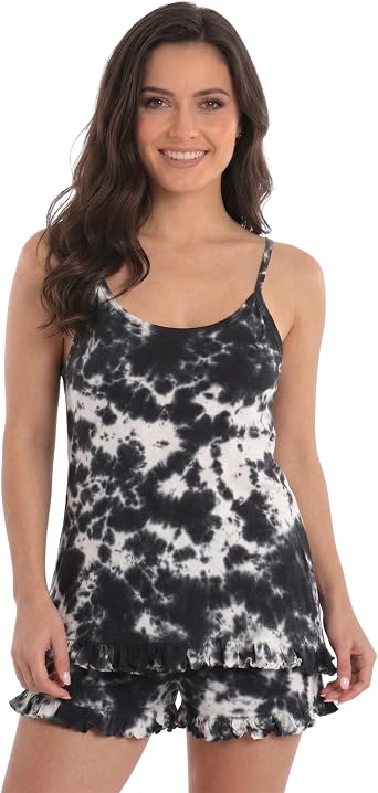 Just Love Womens Tie Dye Pajama Short Set, 100% Cotton Tank and Shorts Sleepwear with Ruffle Detail