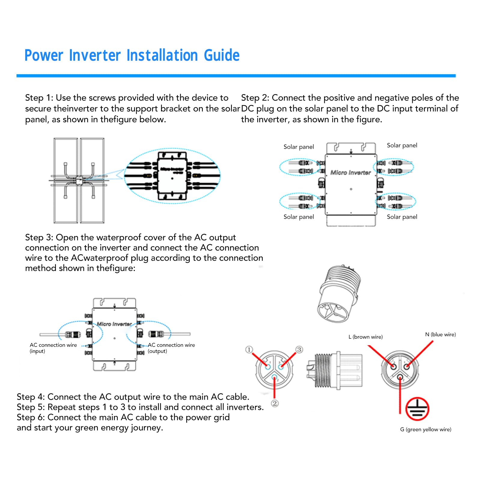 Acouto Inwerter Sieciowy Solarny Samochłodzący się IP65 WVC 1200 W 100 V-240 V Inwerter Solarny do Domowego Systemu Wytwarzania Energii Generowany Prąd Pa Sieciowy Wodoodporny Krawat