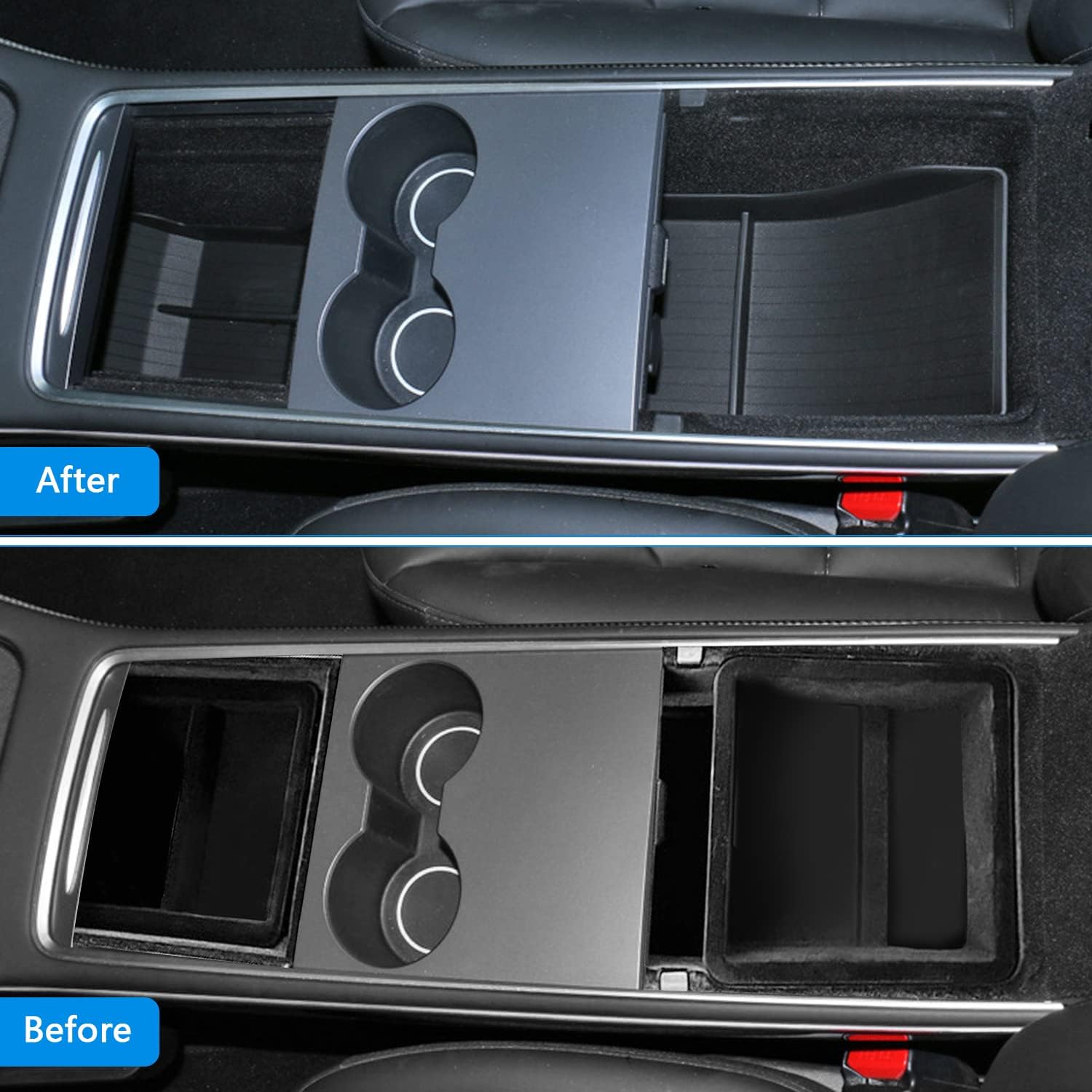 Center Console Organizer Tray for Tesla Model 3 Model Y 2021 2022 2023 Armrest Hidden Cubby Drawer Storage Box Interior Accessories TPE Rubber 2PCS Black
