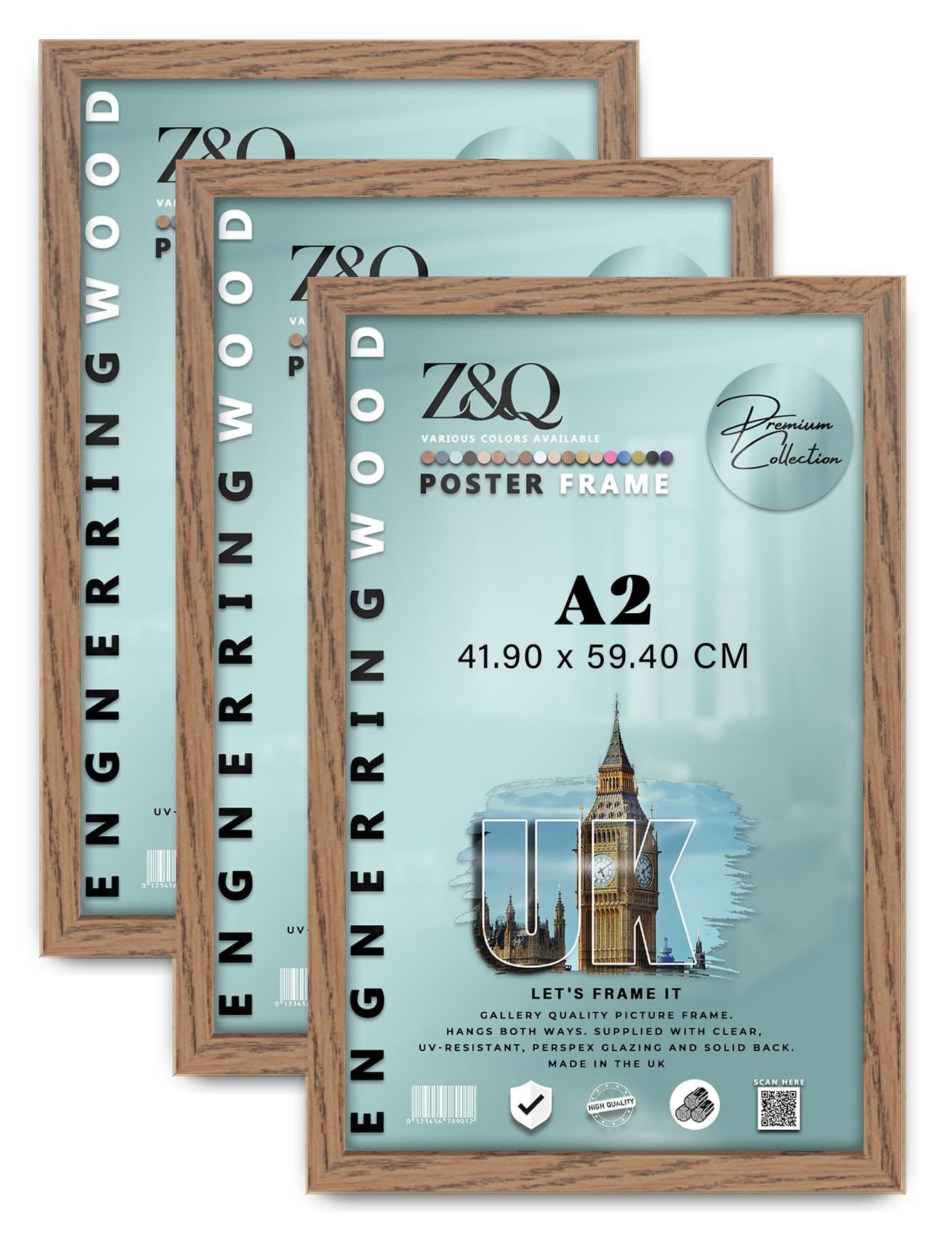 Z&Q Pack of 3 MDF Wood Finish A2 (41.90 x 59.40 CM) Poster/Picture Frame | for Art Gallery, Room Wall Decor 23 x 16 Inch Portrait/Landscape Display [ Dark Oak ]
