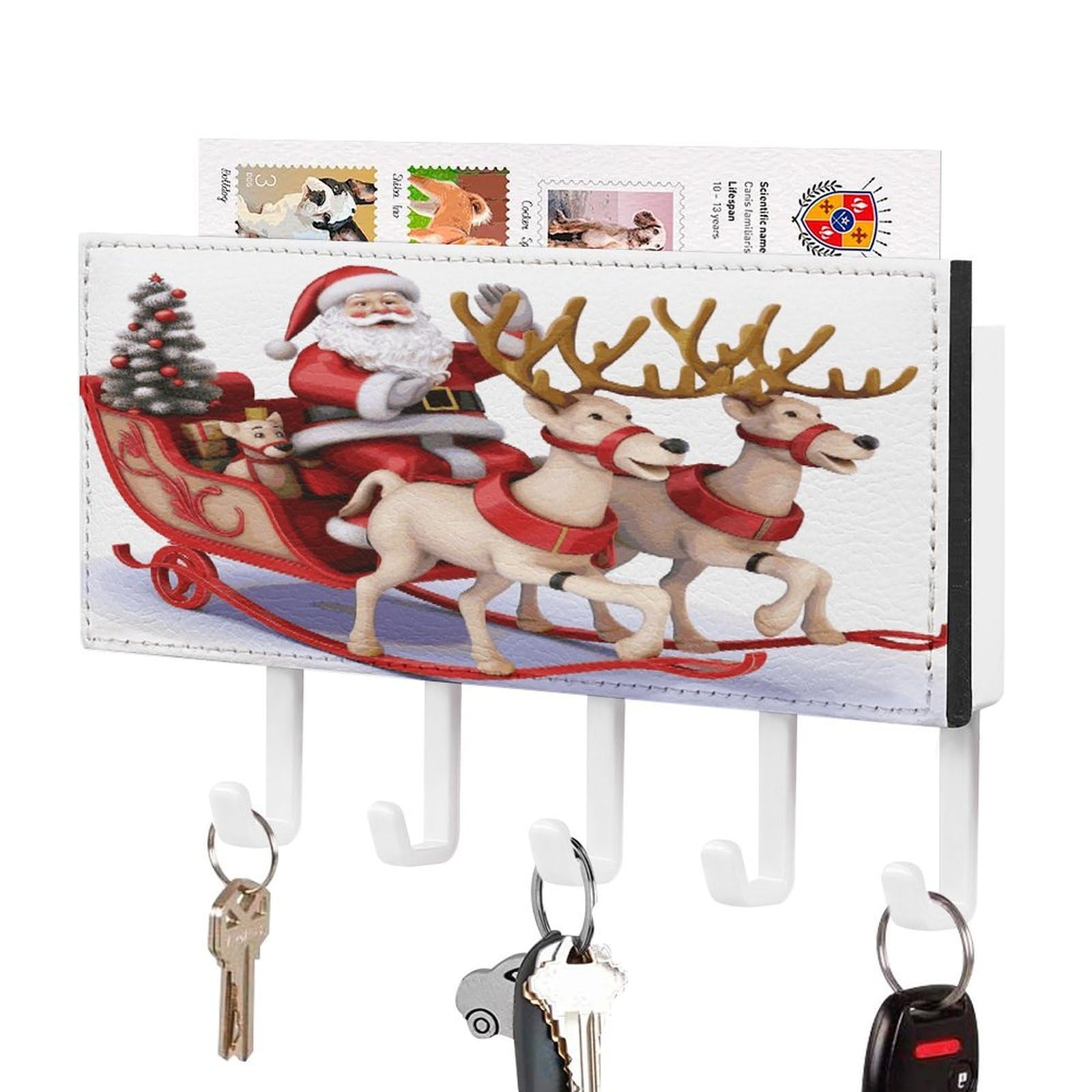 FekiLoot Santa Claus Reindeer Sled Key Holder for Wall Decorative Mail Organizer with 5 Key Hook Self Adhesive Key Rack with Tray Coat Rack Wall Mount Key Hanger Decor for Entryway Door