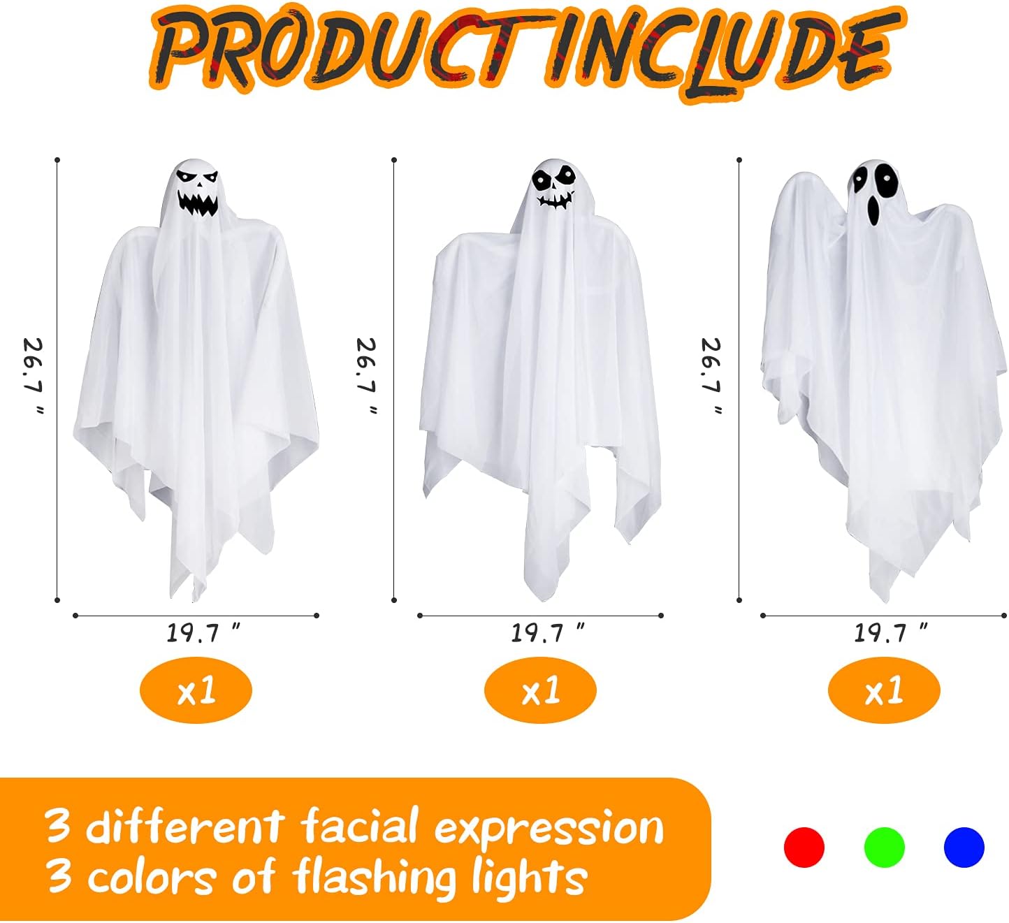 Officygnet 3 Pack Halloween Hanging Ghosts Decorations - 26.7" Cute Flying Ghost Glow in The Dark for Halloween Party Decor for Front Porch, Tree, Patio, Yard Lawn, Outdoor Decorations