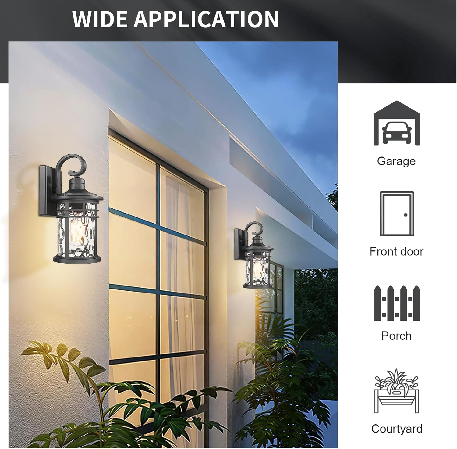 2PCS Outdoor Porch Lights Wall Mount Sconces with Water Ripple Glass Outdoor Lighting Waterproof Exterior Lantern for House Front Porch Patio Garage Doorway Garden