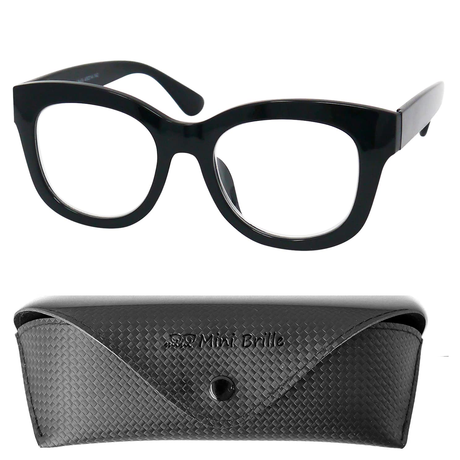 Mini Brille Gafas de Lectura Retro y Grandes Lentes, Funda incluye, Oversize Montura Gruesa el Plástico con Bisagra de Resorte, Modernas Gafas Luz Azul Mujer