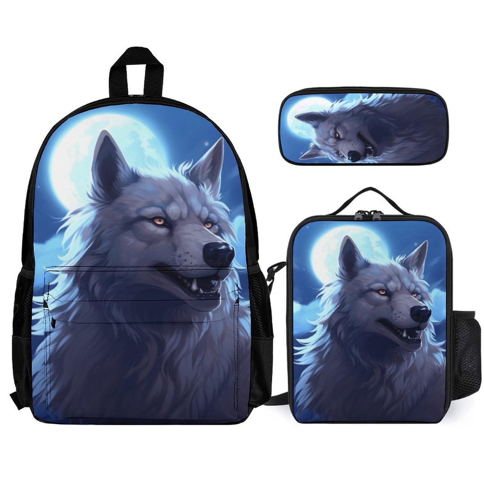 Sacs Loup Personnalisé avec Boîte à Déjeuner et Trousse à Crayons, Lot de 3 Sacs d'école Animal Wolves, Sac avec Boîte à Déjeuner