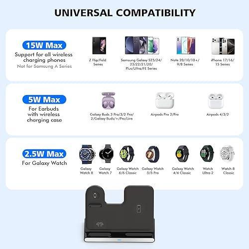 Miniatura 4 de Cargador inalámbrico para Samsung, estación de carga inalámbrica 3 en 1, soporte de carga rápida plegable para teléfono y cargador de reloj para