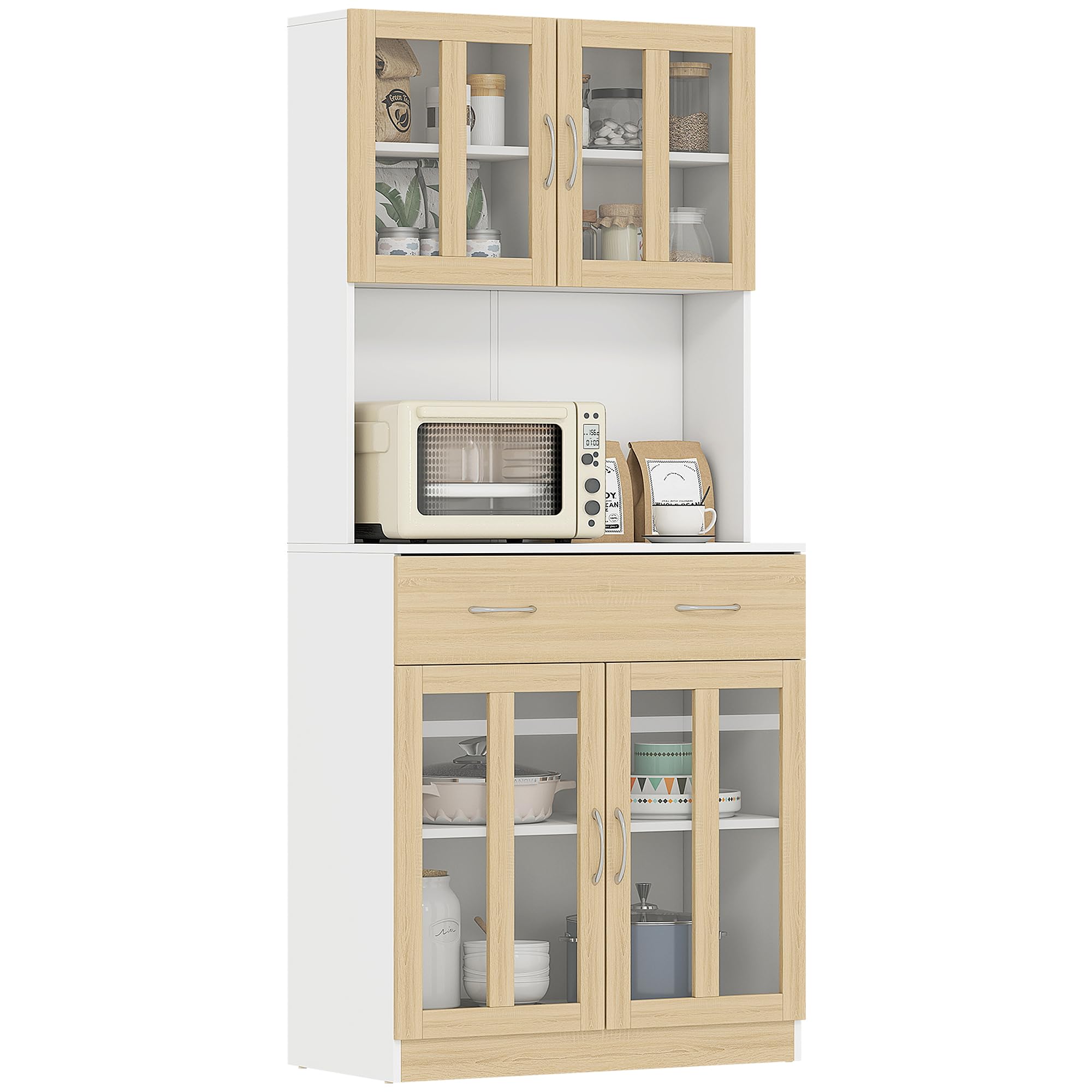 HOMCOM Alacena de Cocina Alta, Mueble Auxiliar de Cocina, con 4 Puertas de Vidrio, Encimera Abierta para Microondas, Cajón, Estantes Ajustables, 80x40x180 cm, Blanco y Natural