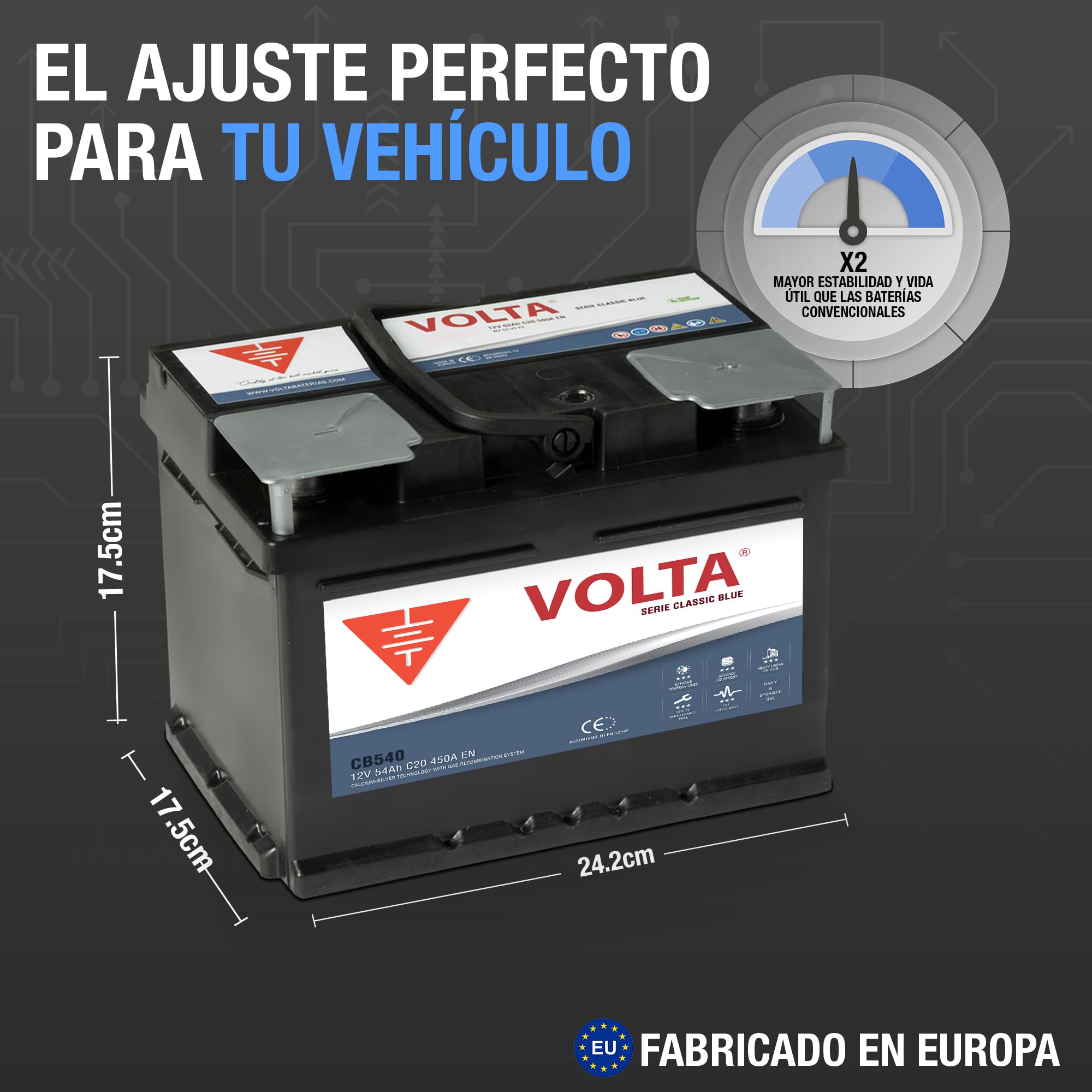 Bateria de Coche Classic Blue 54Ah 450A - Borne +Dcha - Medidas Largo 207 x Ancho 175 x Alto 190 mm con 2 años de Garantía - Fabricación Europea.