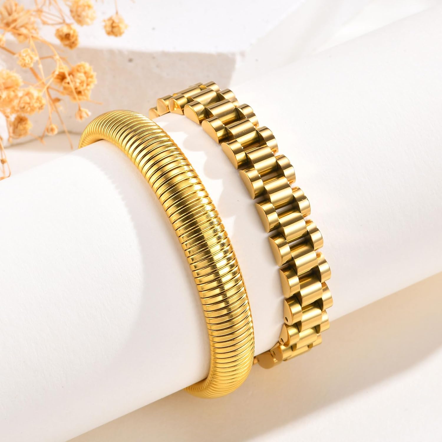 Stackable Gold Chunky Bracelets Set - 2pcs 18K Gold Plated Bracelet Non-tarnish,Stainless Steel Stretched Chain Friendship Bangles Trendy Jewelry,Wedding Party Christmas Birthday Gifts for Women - Image 6