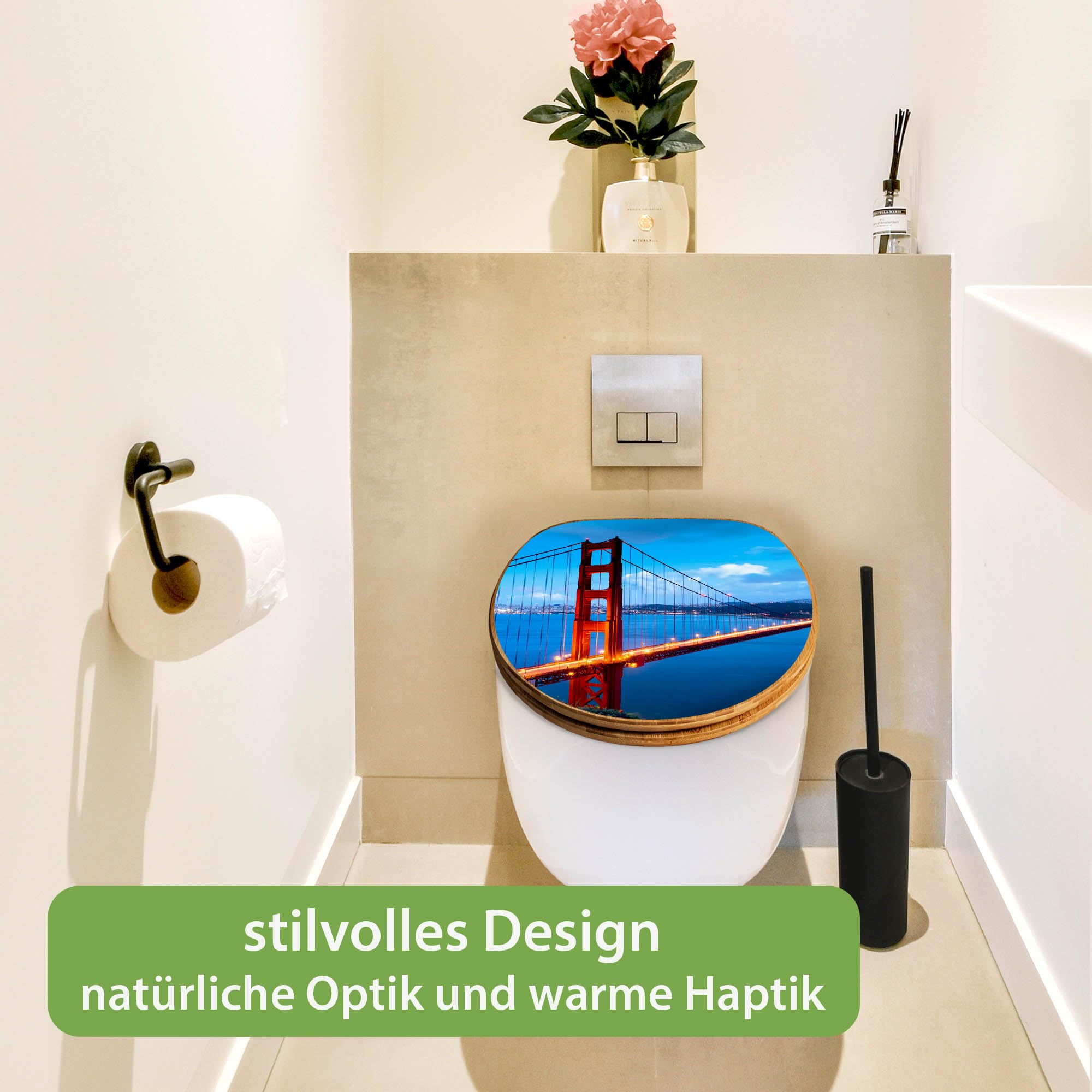 banjado Design WC Sitz Bambus Absenkautomatik 45,8x37,5cm - Toilettendeckel mit Absenkautomatik Holz - hochwertiger Bambus Klodeckel - WC-Sitz für gängigen Toiletten - Motiv Golden Gate Bridge