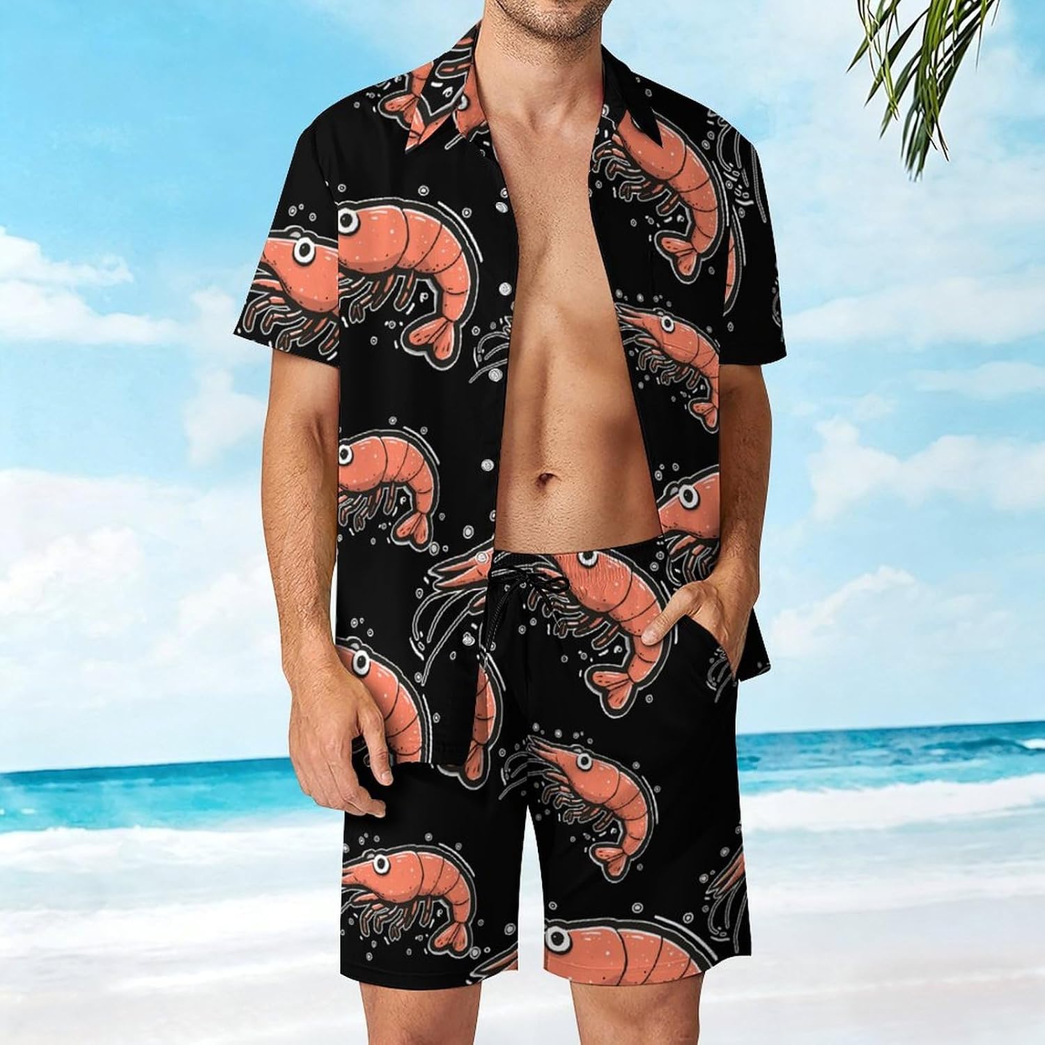 Cartoon Shrimp Men's Summer Beach 2 Piece Outfits | hawaiian button down shirt and shorts,vacation cruise,mens bathing suit