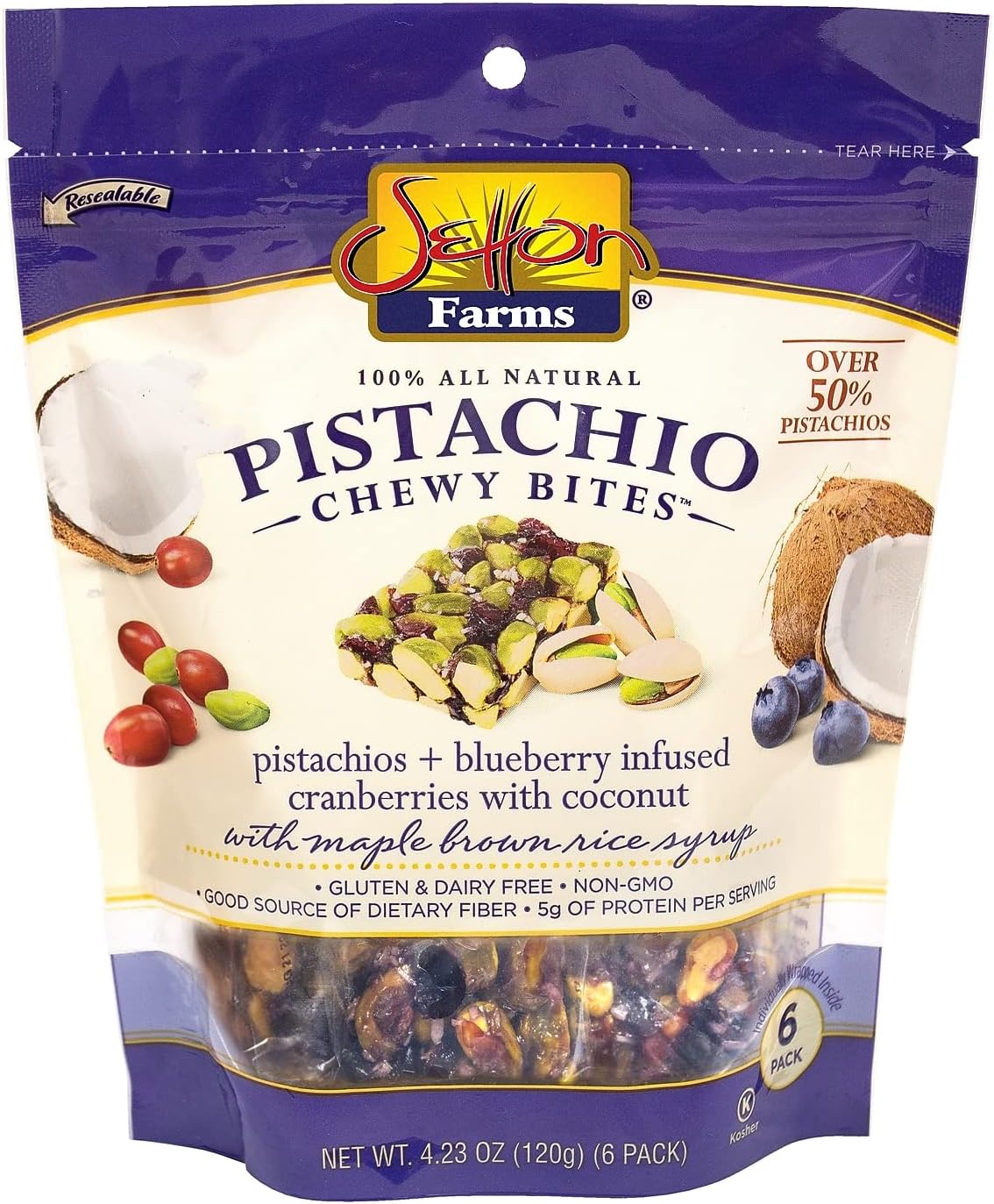 Setton FarmsPistachio Chewy Bites, Pistachios + Blueberry Infused Cranberry with Coconut, 4.23 Ounce