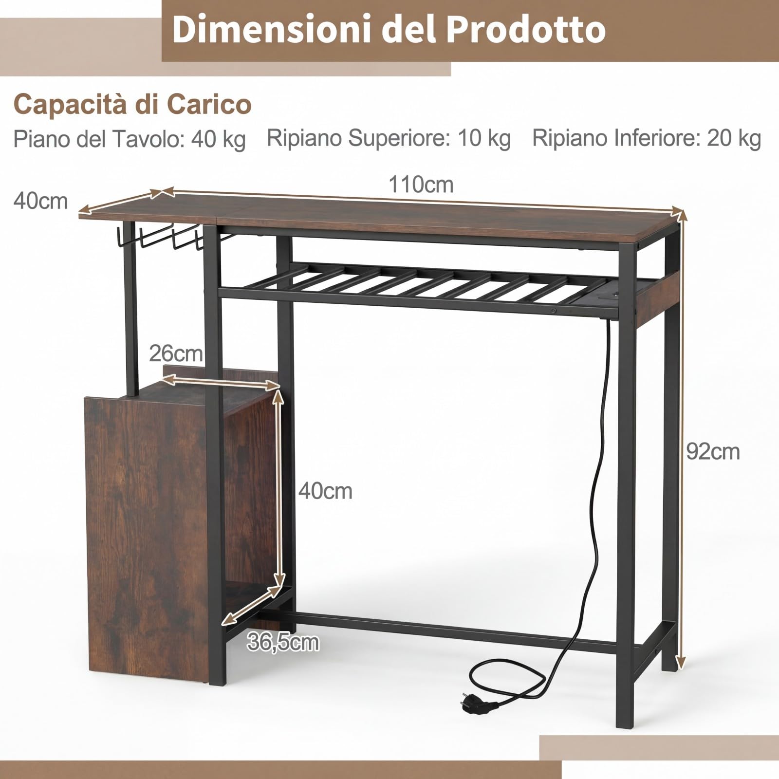 COSTWAY Tavolo da Bar con Luce Regolabile, Tavolino Alto con Stazione di Ricarica, Portabottiglie e Portabicchieri, Tavolino da Cucina per Soggiorno e Sala da Pranzo, 110 x 40 x 92 cm