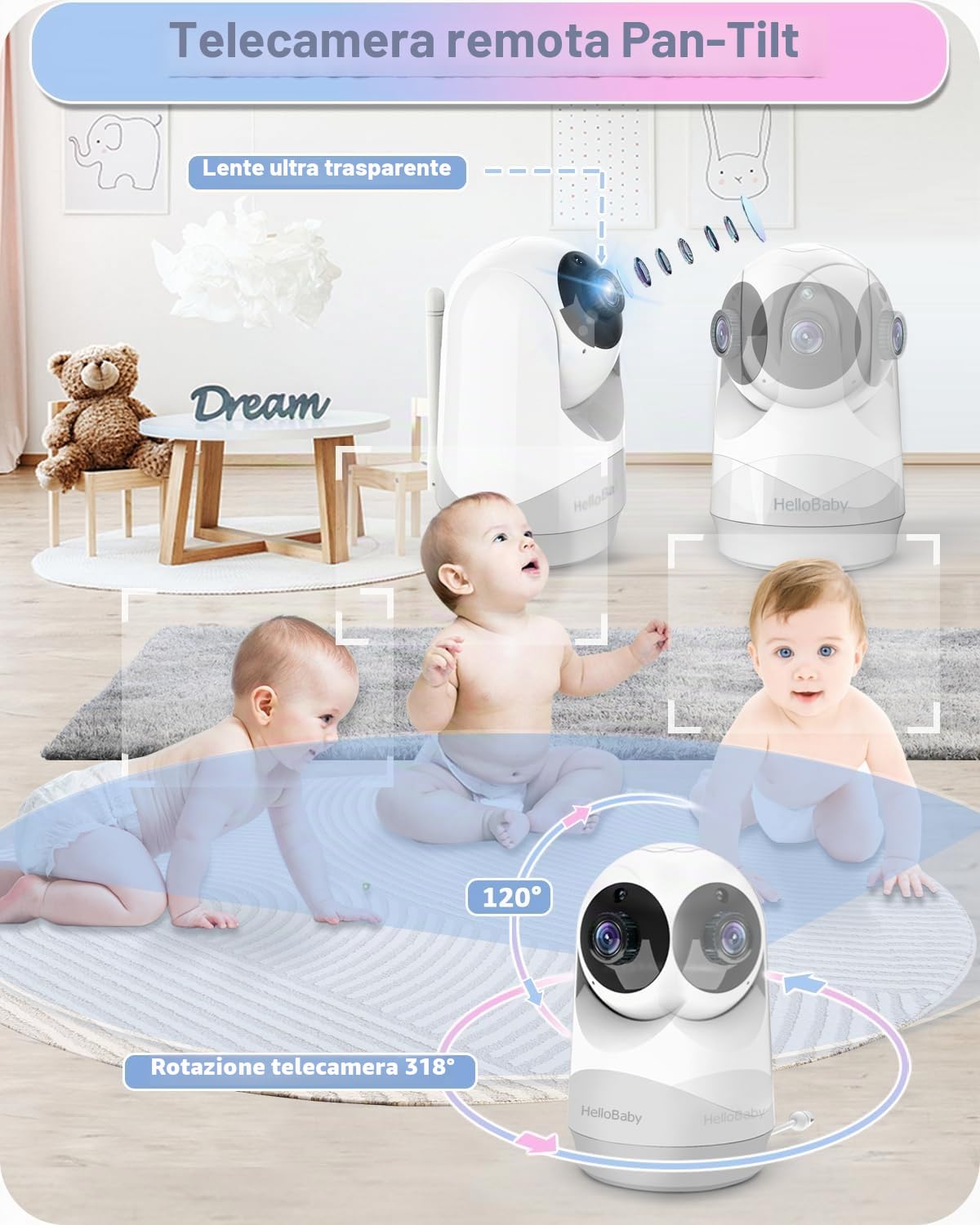 HelloBaby Baby Monitor, 4" IPS Schermo e 29 ore di durata della batteria, baby monitor video e audio, Fotocamera 350°/120° 2x Zoom, Visione notturna infrarossa, Modalità ECO, Temperatura