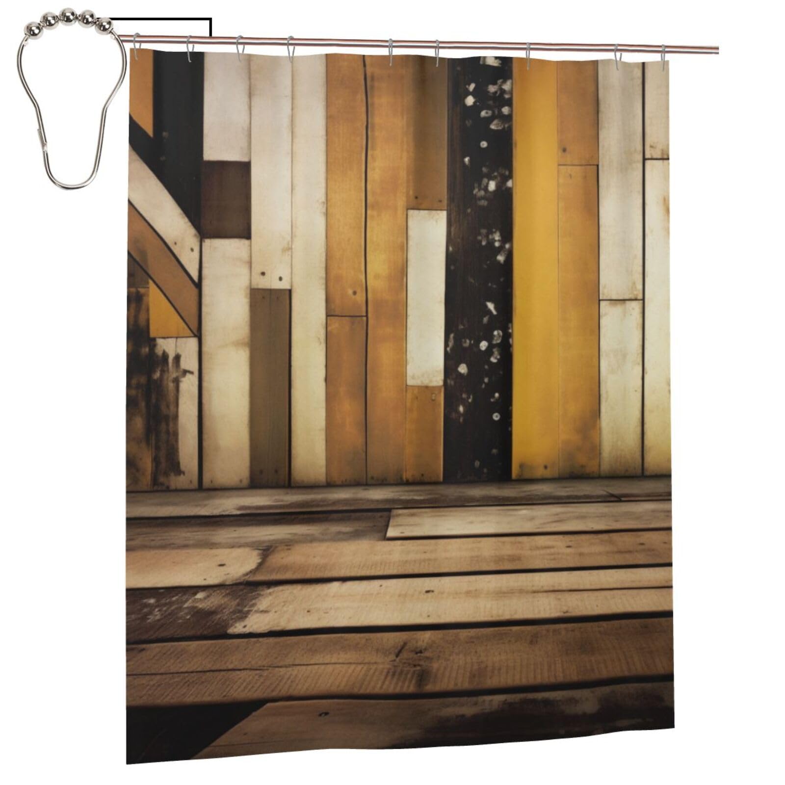 BWWHCCTI Rustic Wooden Printed Shower Curtain With 12 Iron Hooks Opaque Quick Drying Waterproof Shower Curtains Sets For Bathroom 152x183 Cm