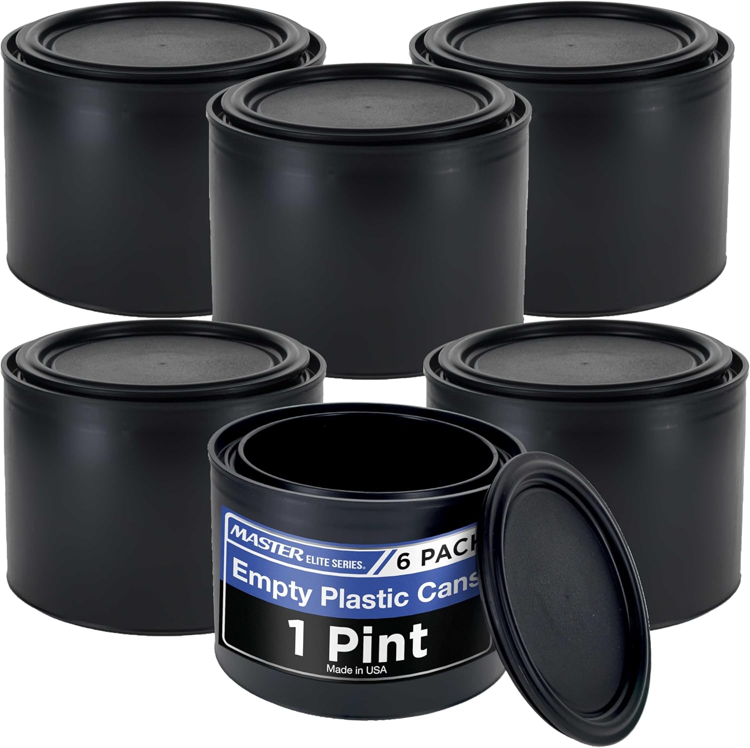 Master Elite 1 Pint Empty Plastic Paint Can Bucket, Pack of 6 - Triple Lock Airtight Lid Seal, 16 fl. oz. All-Plastic Coating Storage Container Can - Pail Handle, Dent & Rust Proof, Odor Resistant