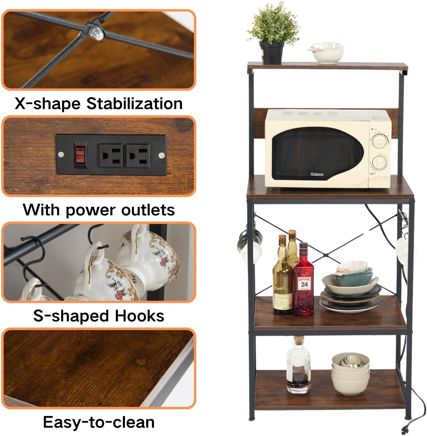 Homy Casa 4-Tier Kitchen Bakers Rack with Power Outlet, Microwave Stand with 6 S-Shaped Hooks, Kitchen Storage Shelf Rack Coffee Bar Table for Kitchen Dining Living Room, Rustic Brown