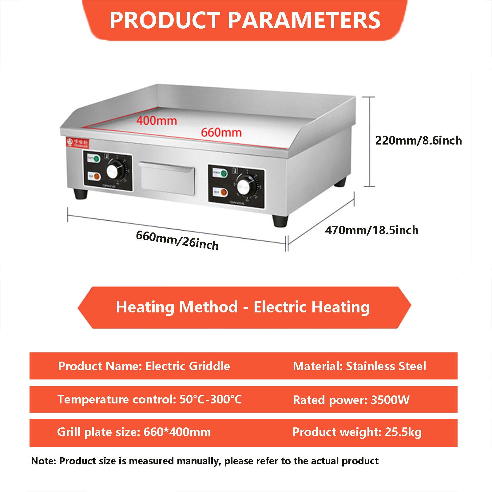 Piastra elettrica Commerciale, Piastra da banco in Acciaio Inox, Piastra per Hamburger e Pancetta, Piastra Antiaderente per Pancake, con 3 Pale e 3 spazzole per，3500W
