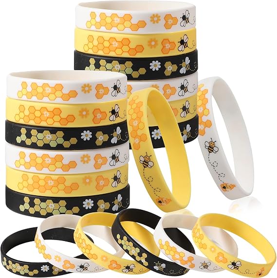 24 Pieces Bee Bracelet Silicone Bee Wristband Assorted Color Bee Theme Party Favors Bee Teachers Decorations Classroom Decorations Bees Wristband for Boy, Girl Bee Birthday, Baby Shower Party Supplies