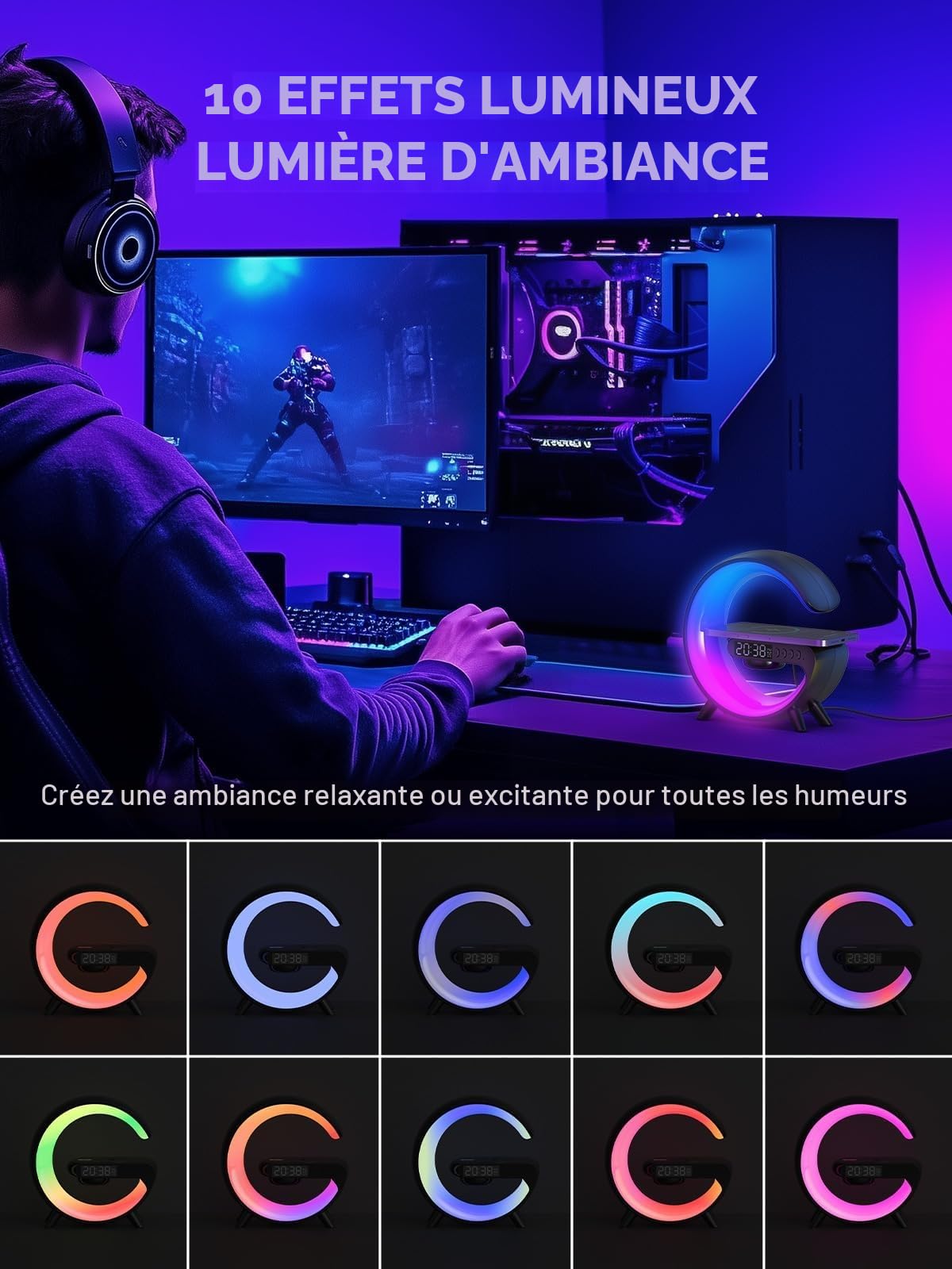 Smiling Shark Lampe de Réveil Intelligente avec Charge Sans Fil, Haut-Parleur Bluetooth, 10 Modes Lumière
